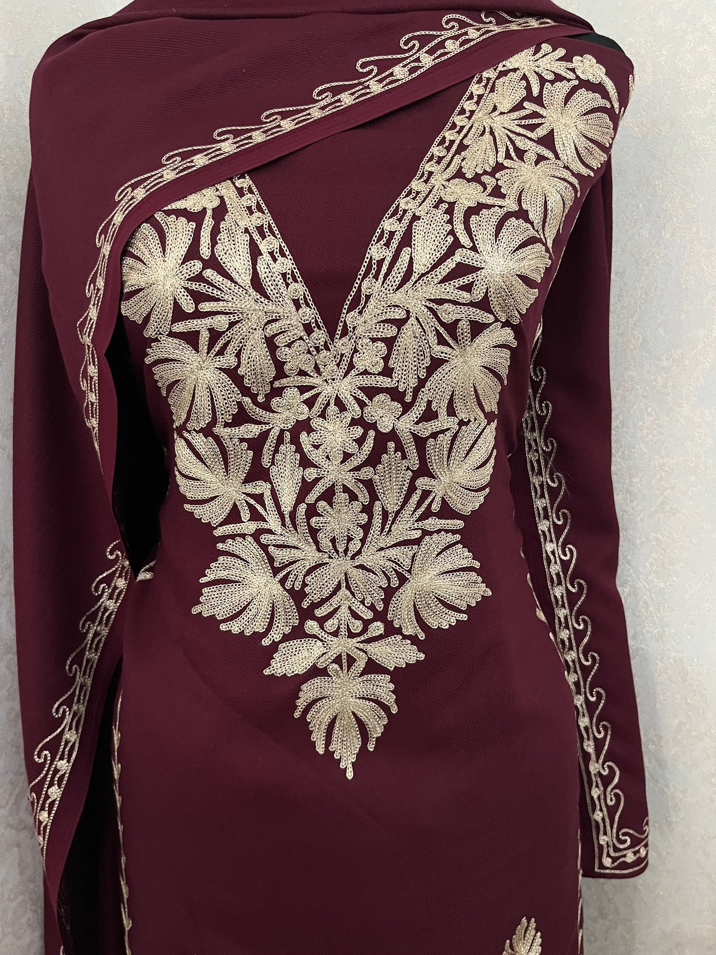 Wine Tilla Embroidered 3pc Suit Stole