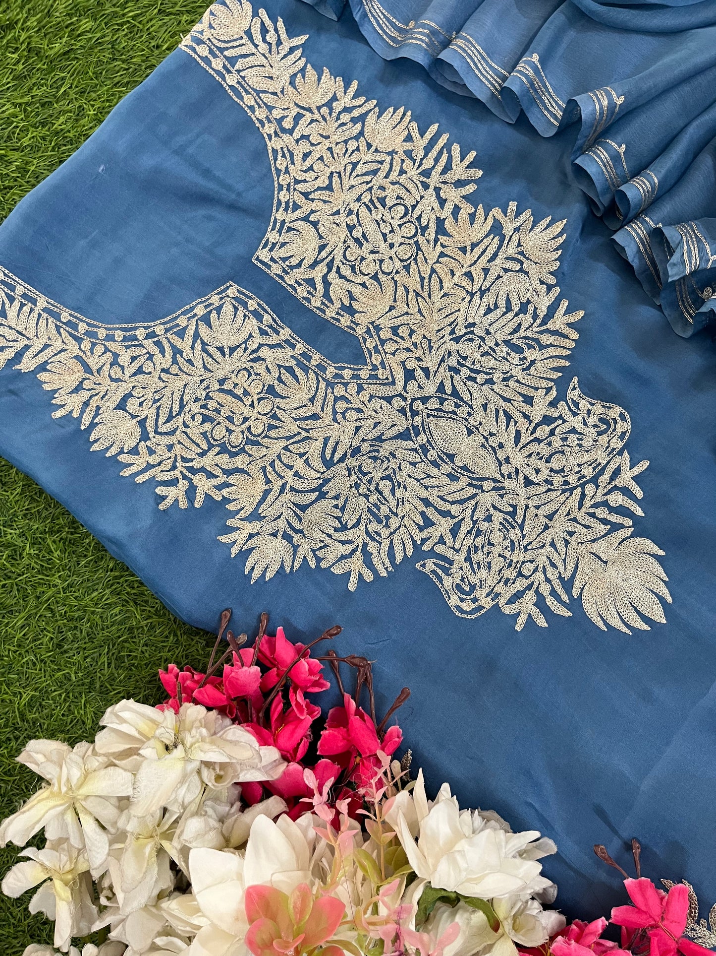 Soft Blue Silk Tilla Kashmiri Suit
