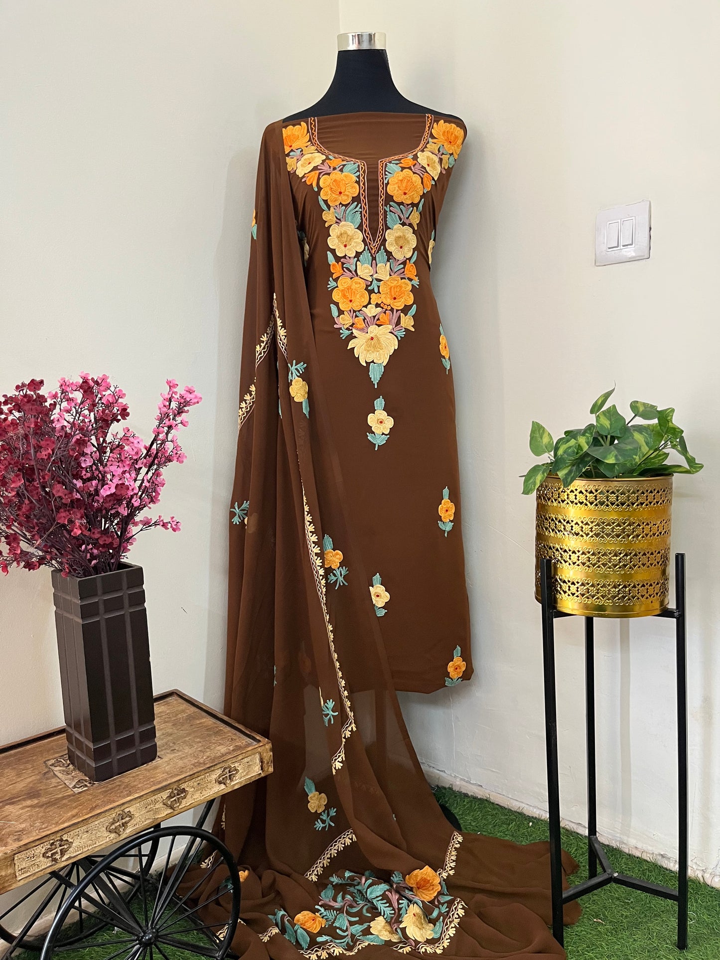 Coffee Georgette  3 Pc Aari Embroidered Suit