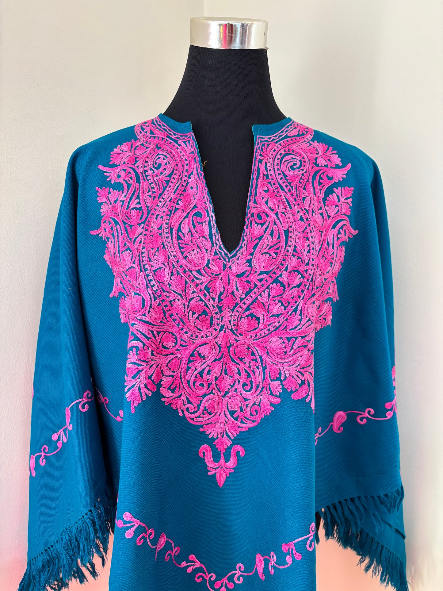 Firozi Aari Embroidered Wool Poncho