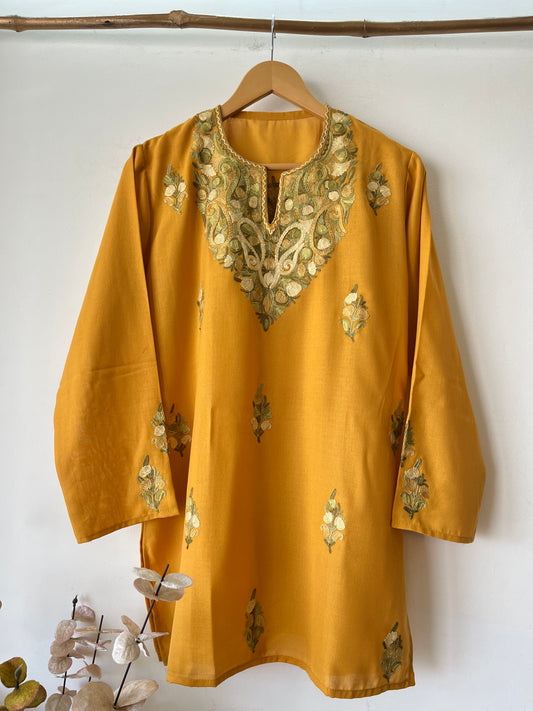 Mustard Orange Cotton Aari Work Kurti