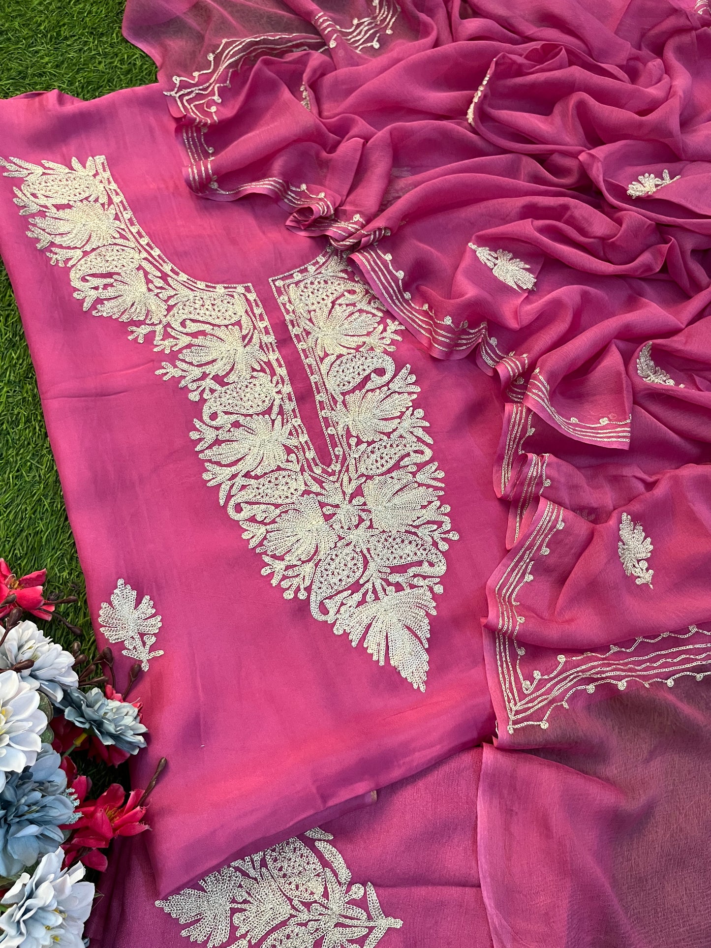 Rose Pink Silk Tilla Kashmiri Suit