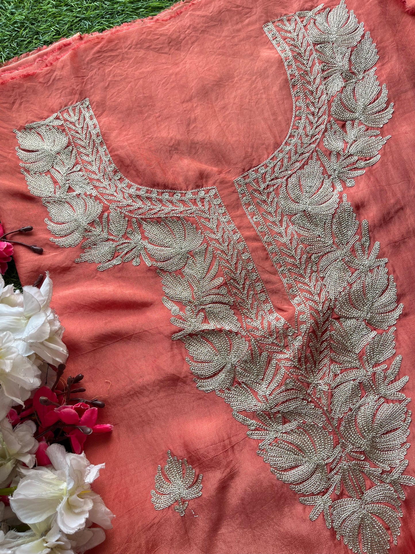 Peach Pink Silk Tilla Kashmiri Suit