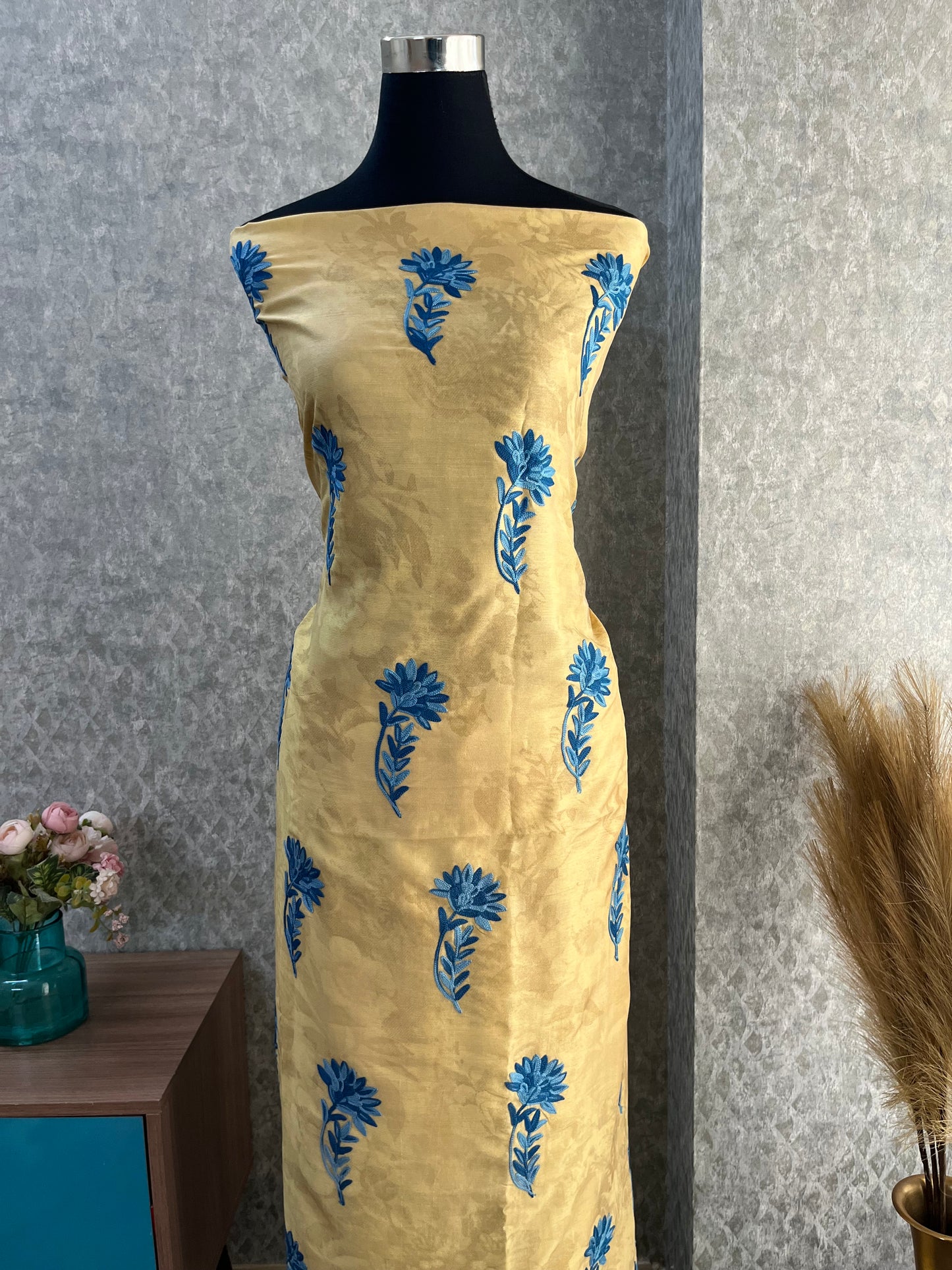 Mustard Gold Self Work Satin Cotton Unstitched Co-ord Set