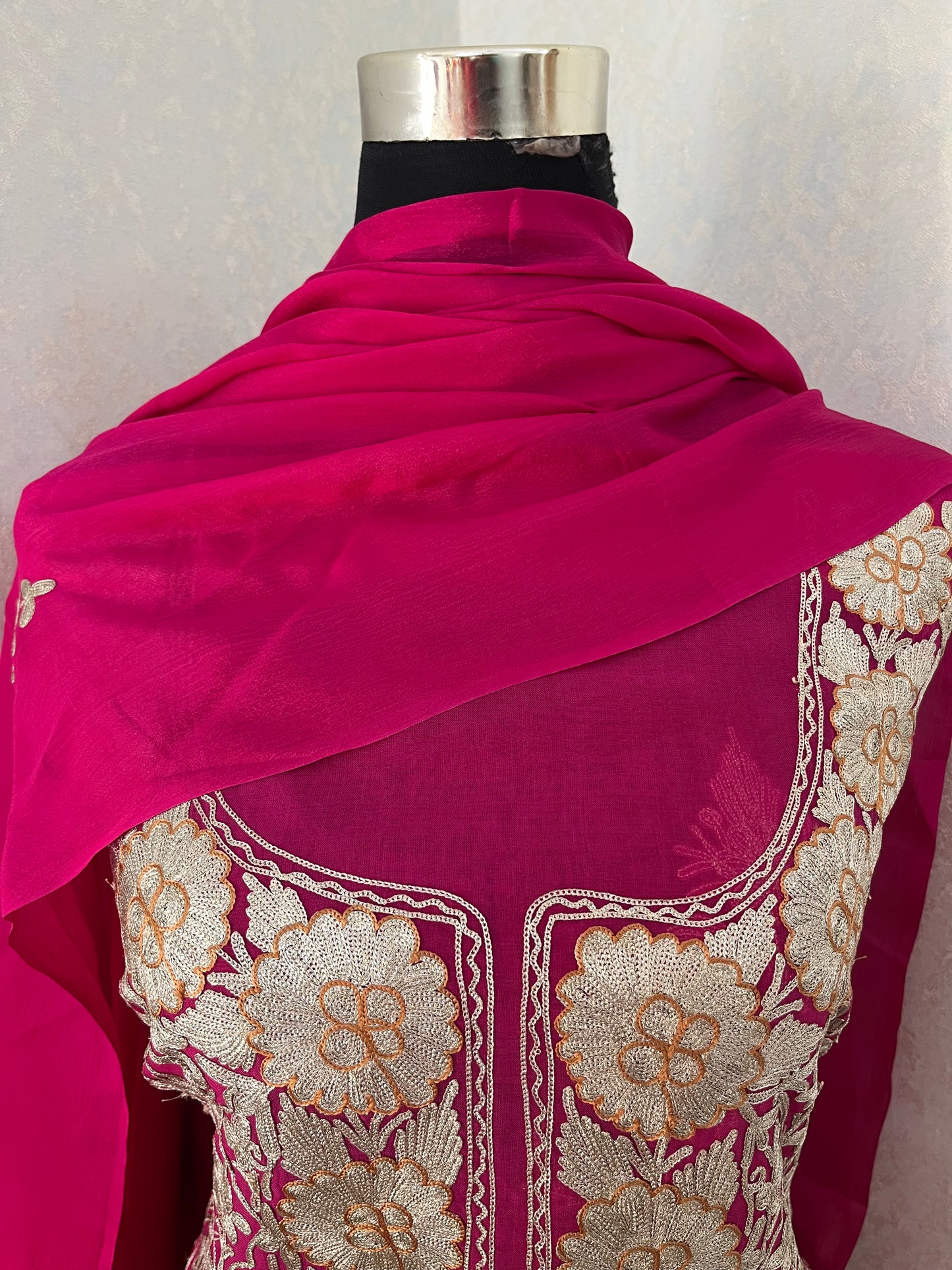 Hot Pink Pure Soft Organza 3 Pc Heavy Kashmiri Suit