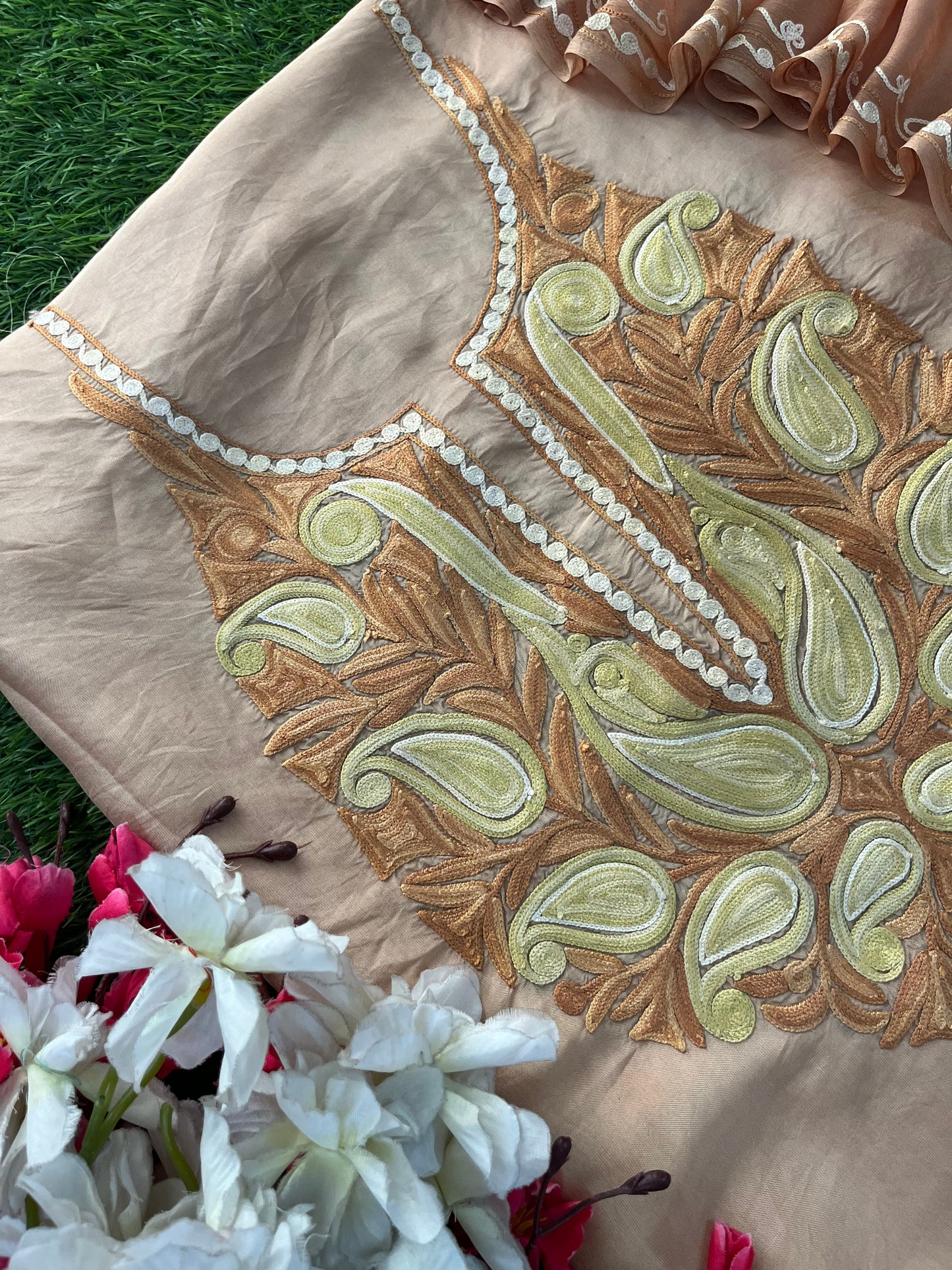 Beige Opada Silk Kashmiri Suit