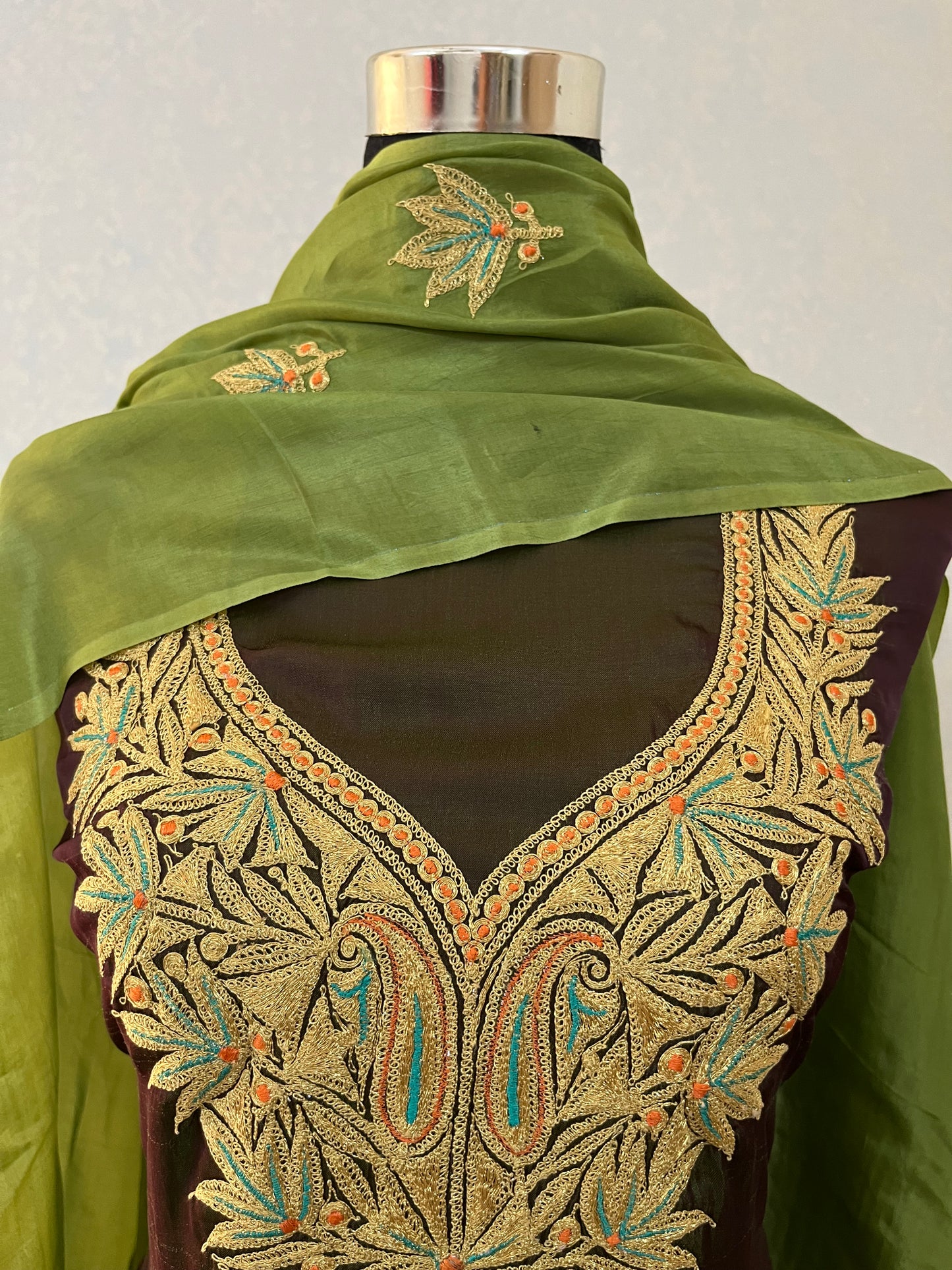 Green Silk Puff Tilla Embroidered Suit