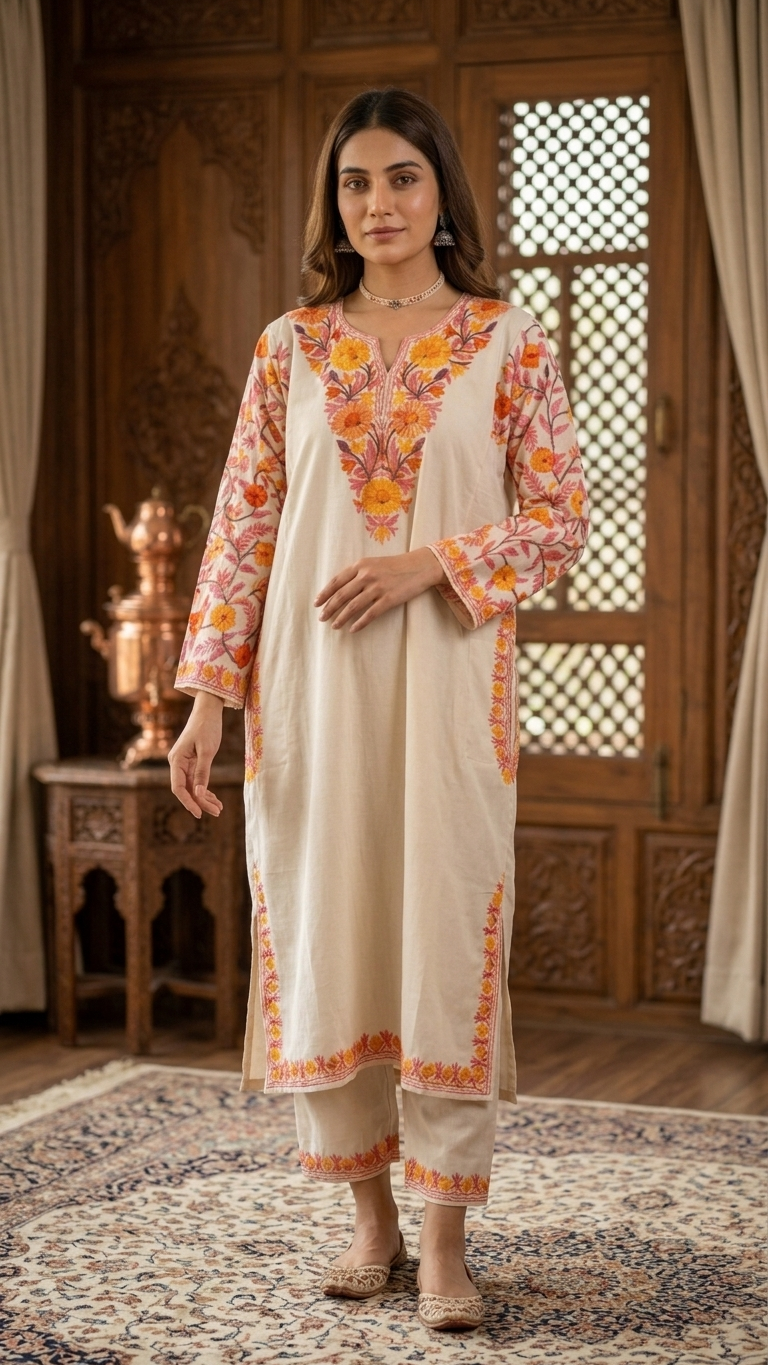 Off White Cotton Arm Jaal Pheran Set