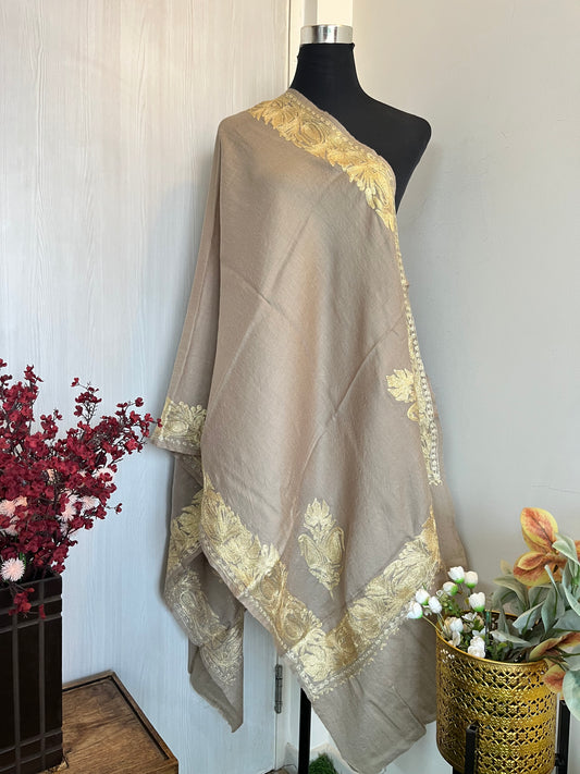 Nude Beige Fine Semi Pashmina Tilla Embroidered stole