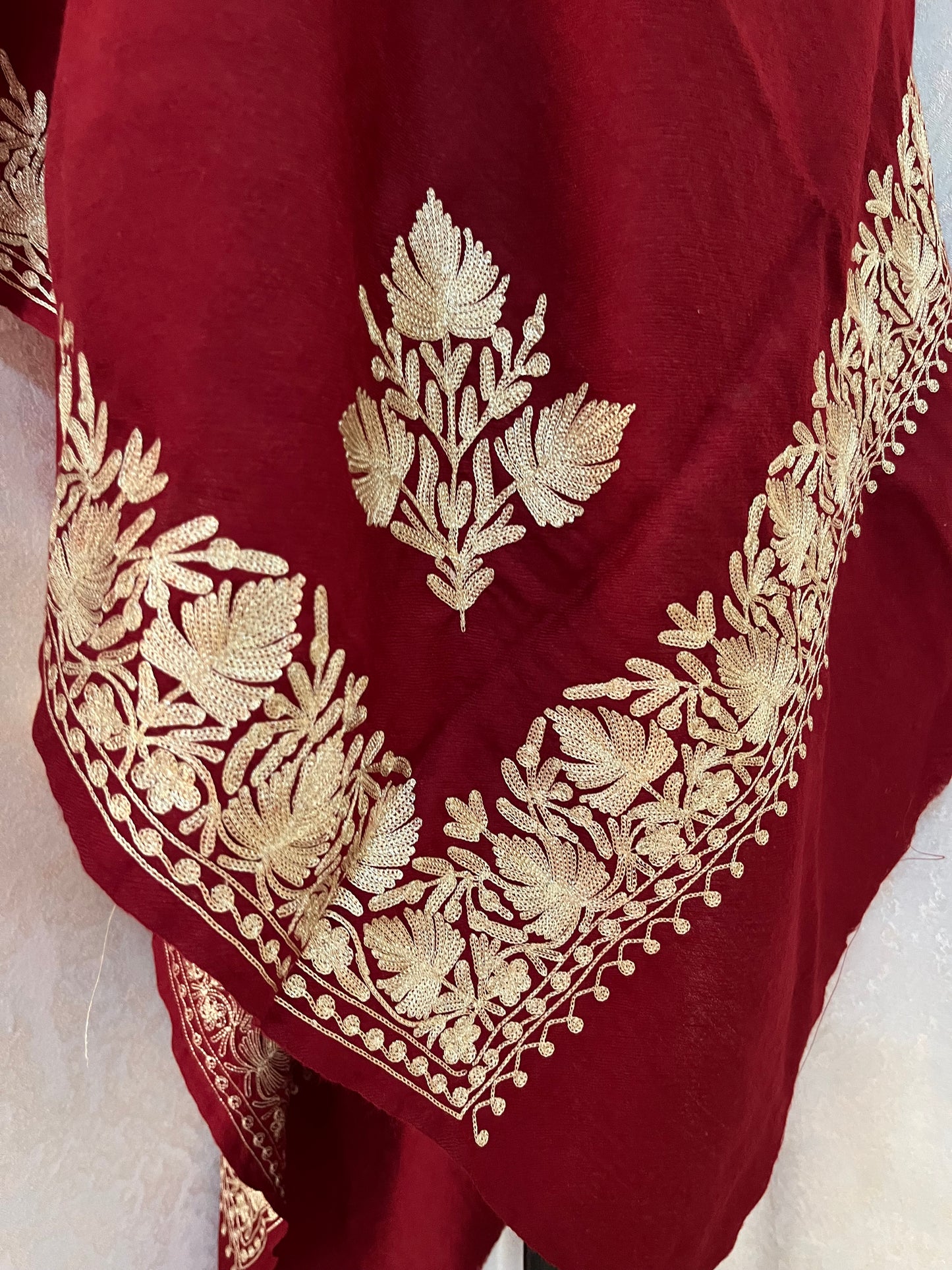 Maroon Semi Pashmina Tilla Embroidered stole