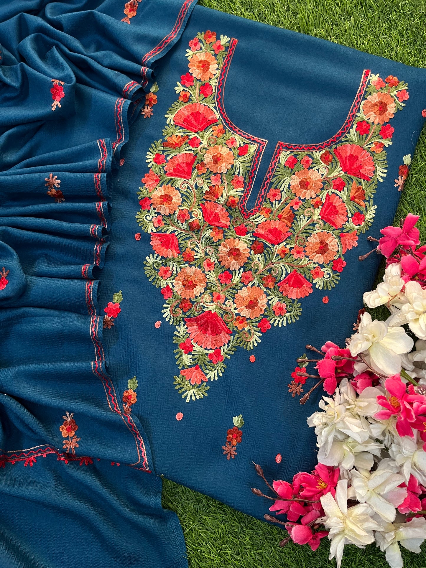 Peacock Blue Woollen Aari Embroidered 3pc suit