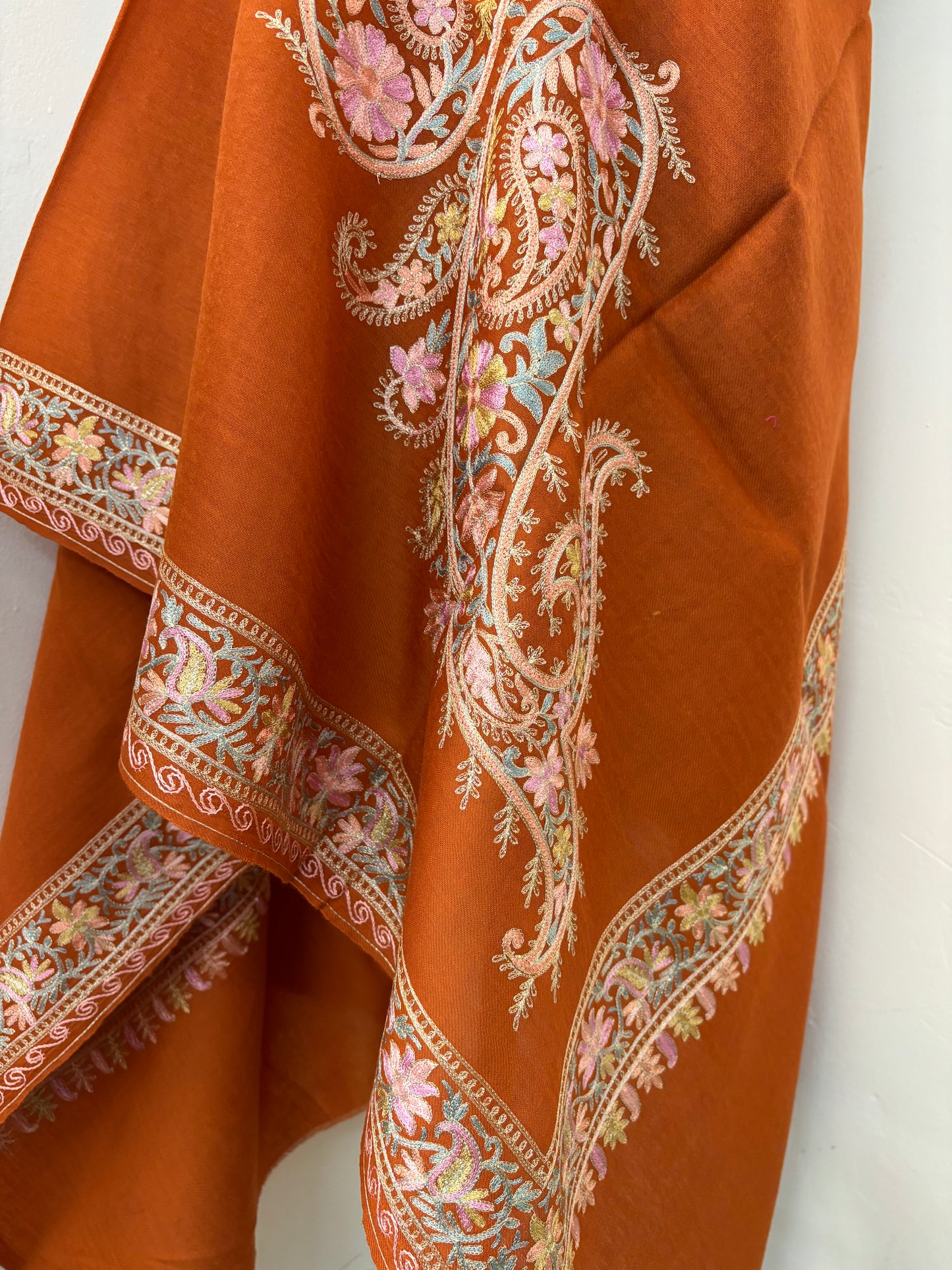 Orange Silk Thread Ambi Aangan Embroidered Fine Semi Pashmina stole