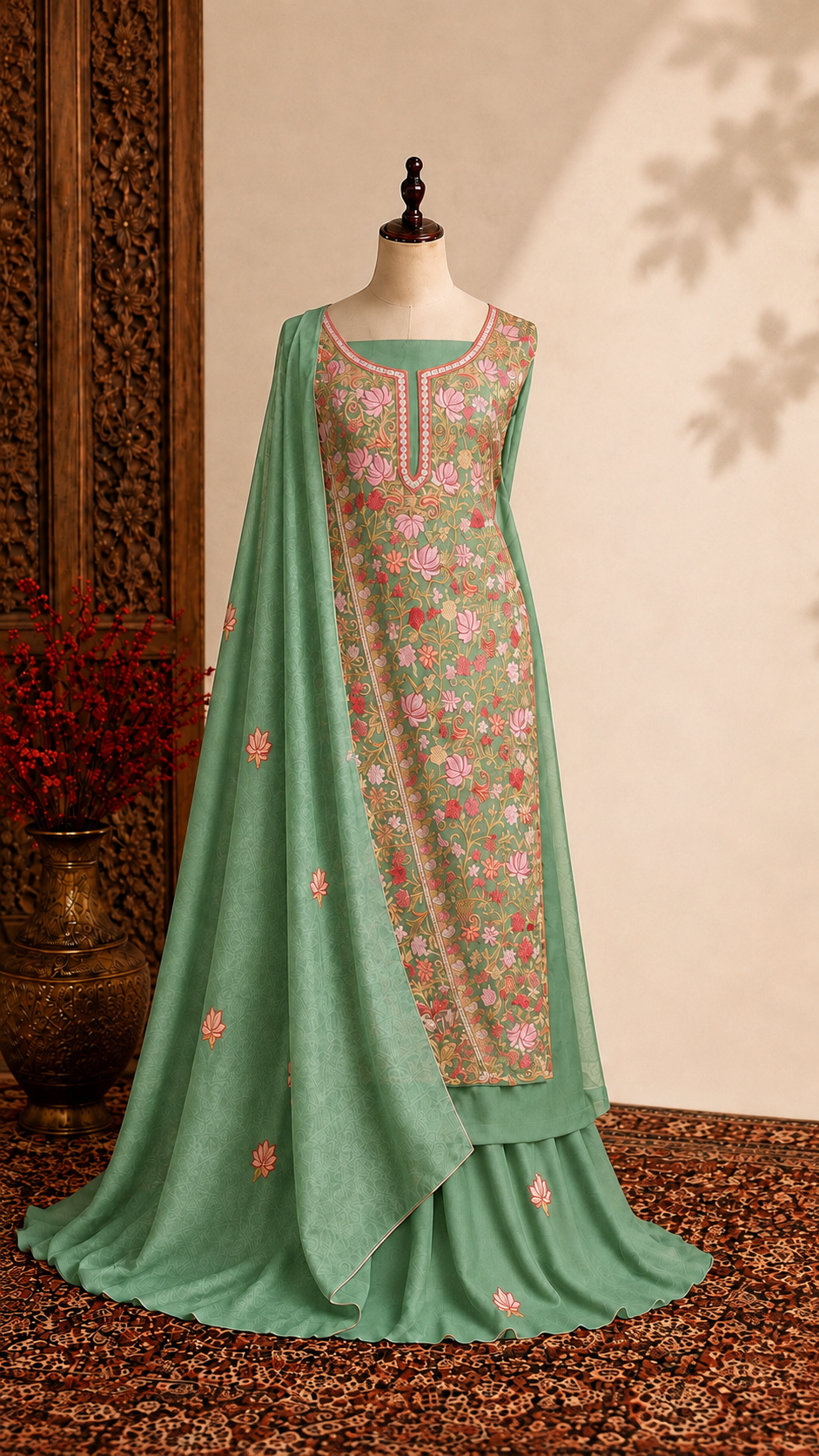 Pastel Green Cotton Kashmiri Suit