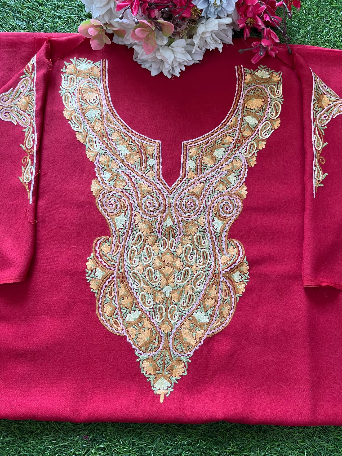 Red Cotton Two Piece Suit (Hand Embroidered)
