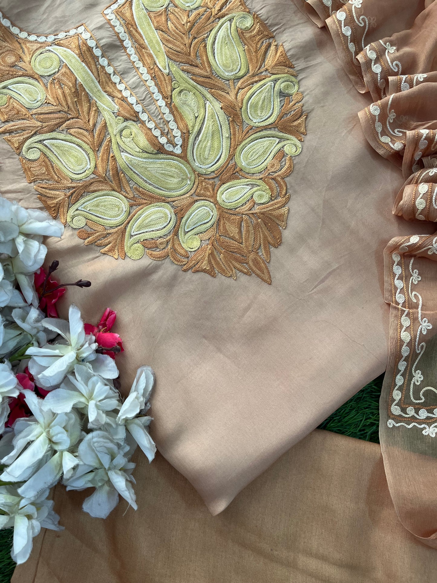 Beige Opada Silk Kashmiri Suit