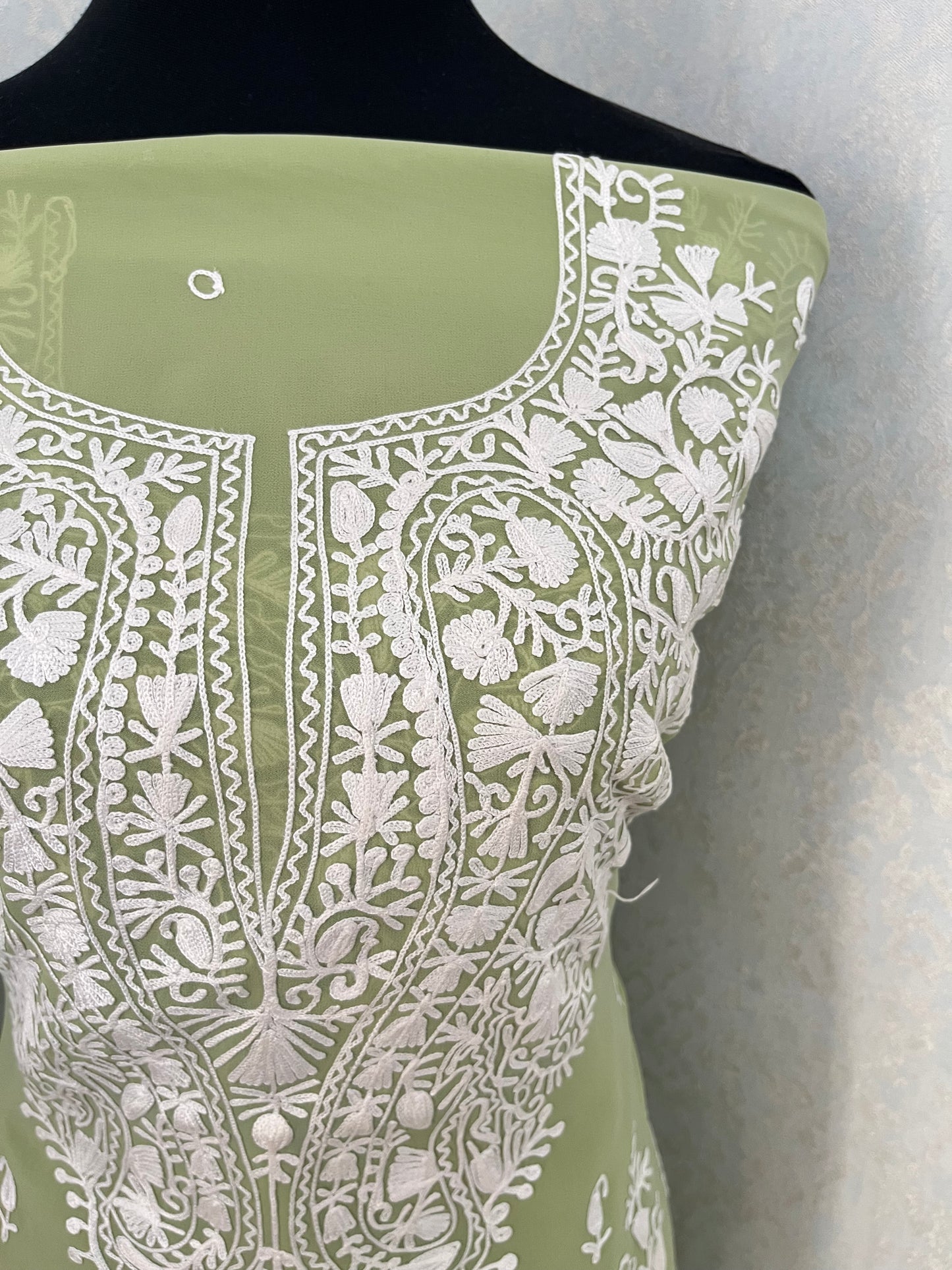 Pista Green Georgette Kashmiri Unstitched Kurta Material