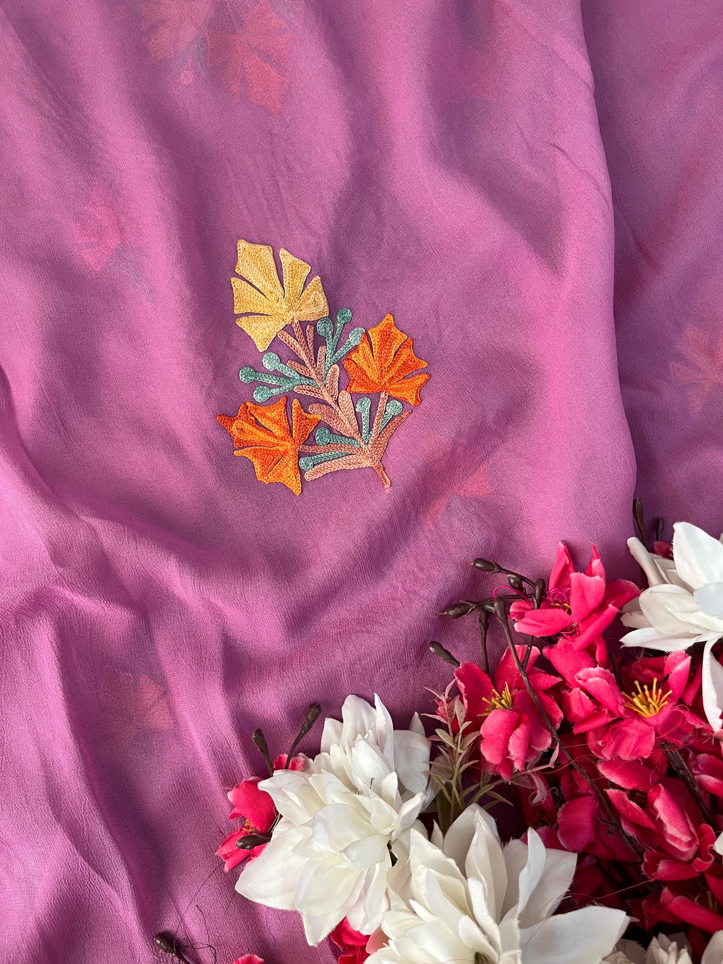 Lilac Pure Georgette Aari Embroidered Suit