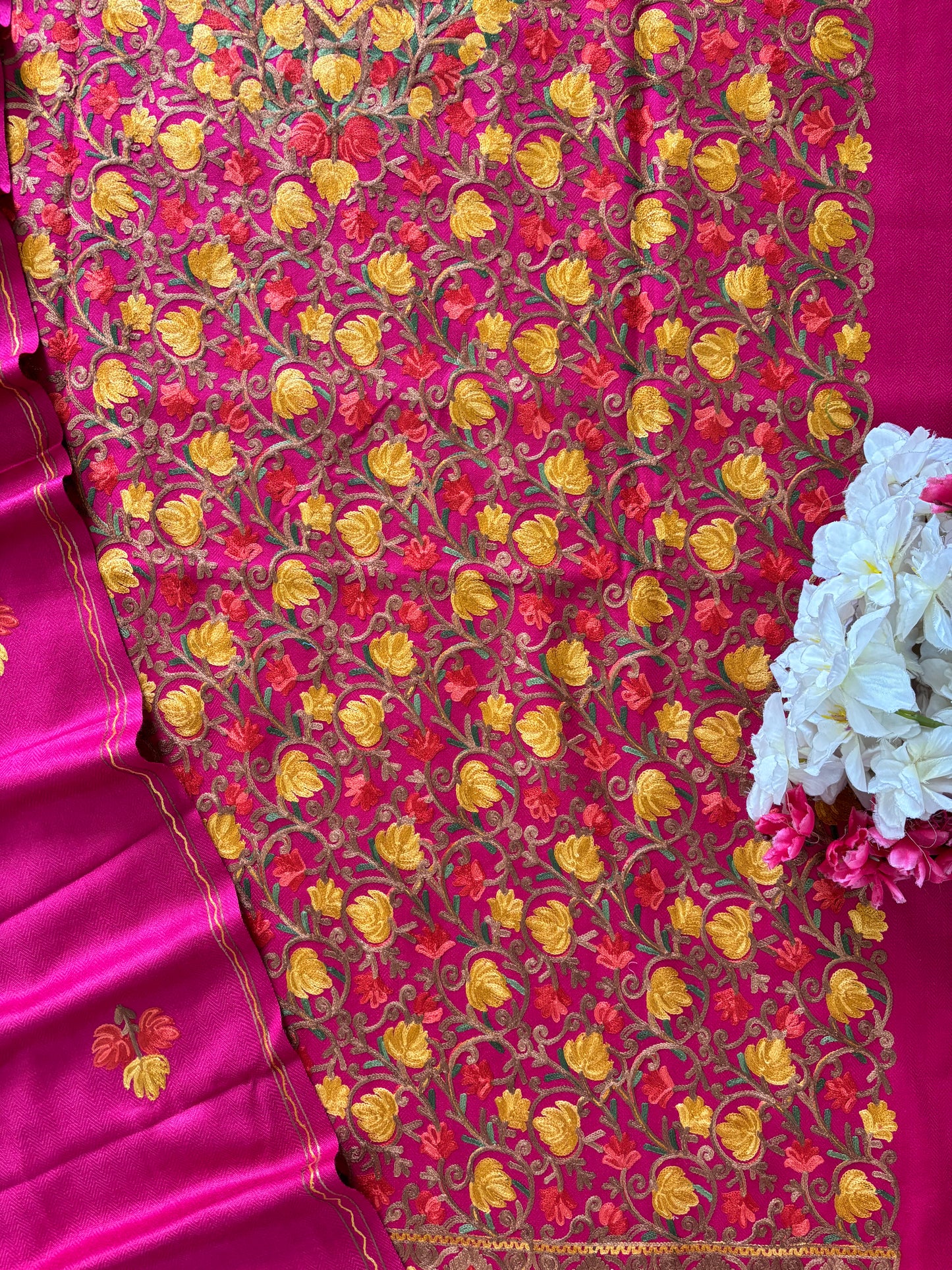 Hot Pink Chinar Woollen Aari Embroidered 3pc Suit Stole