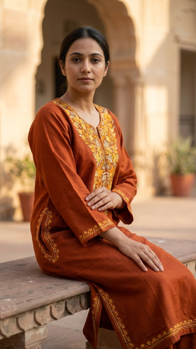 Orange Aari Embroidered Wool Pheran
