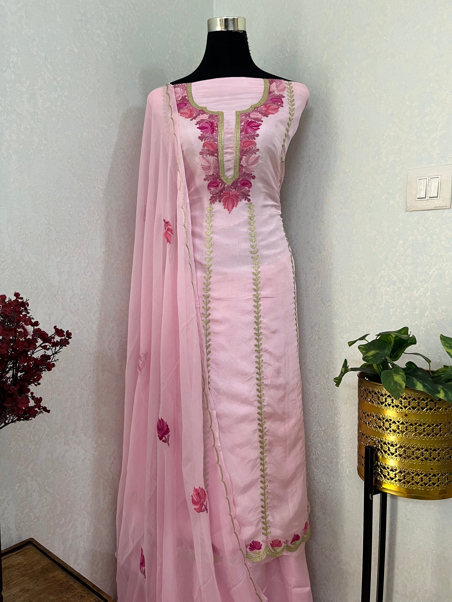 Sanam’ Soft Pink Silk Aari Embroidered Suit material
