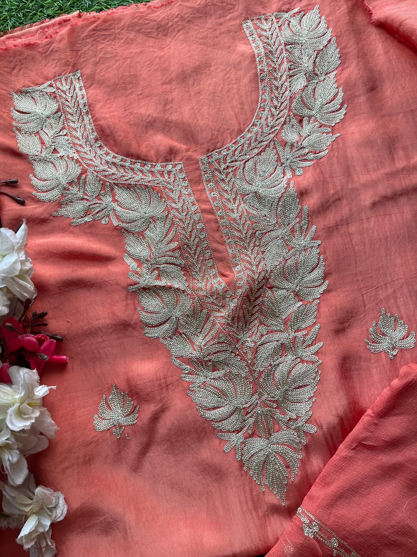 Peach Pink Silk Tilla Kashmiri Suit