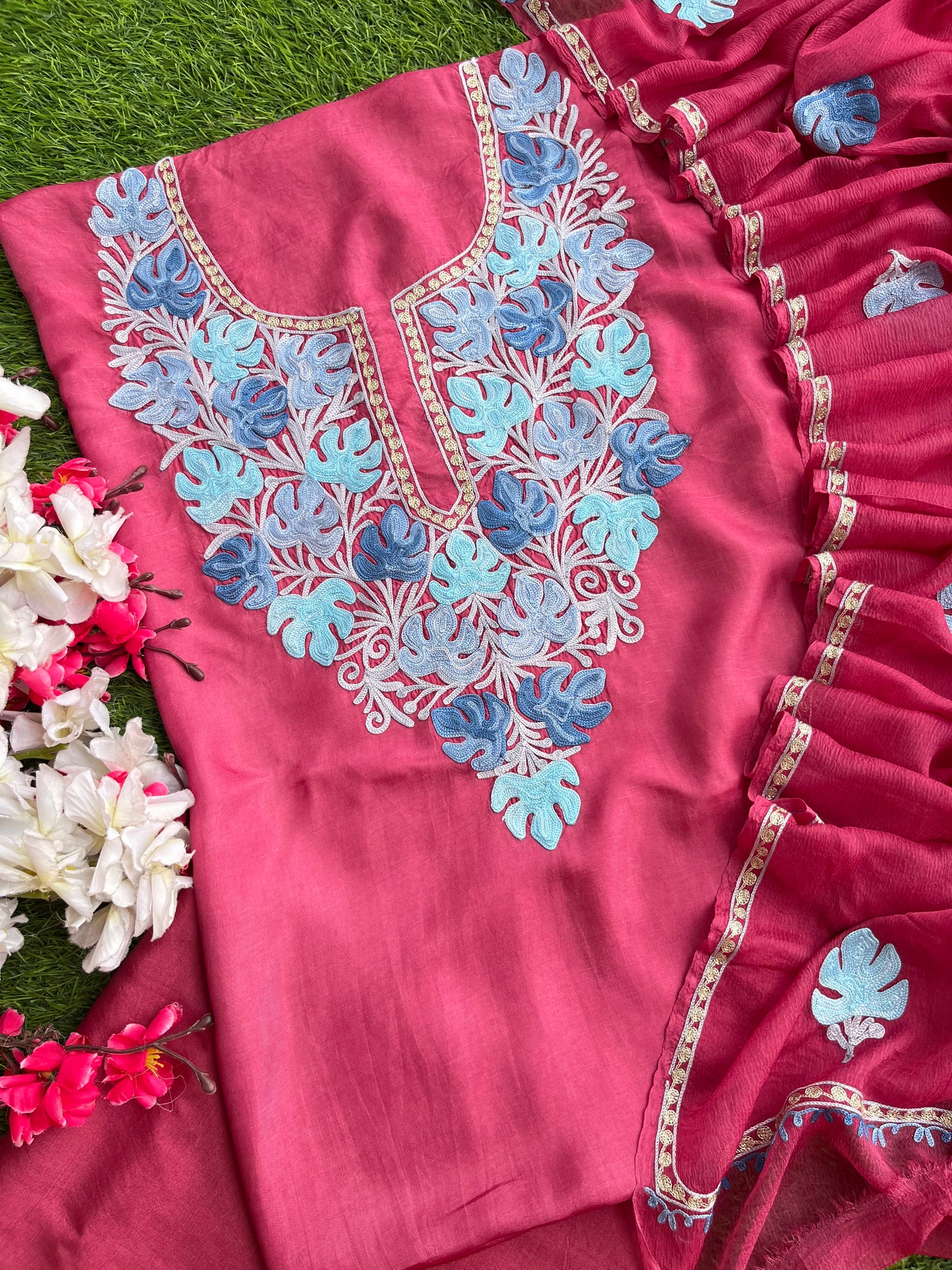Onion Pink Opada Silk Kashmiri Suits
