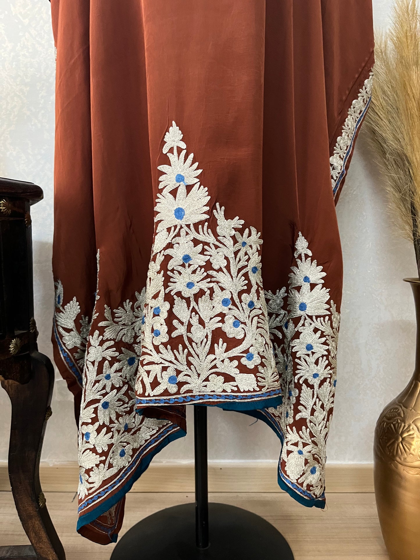 Brown Crape Kashmiri Kaftan Set