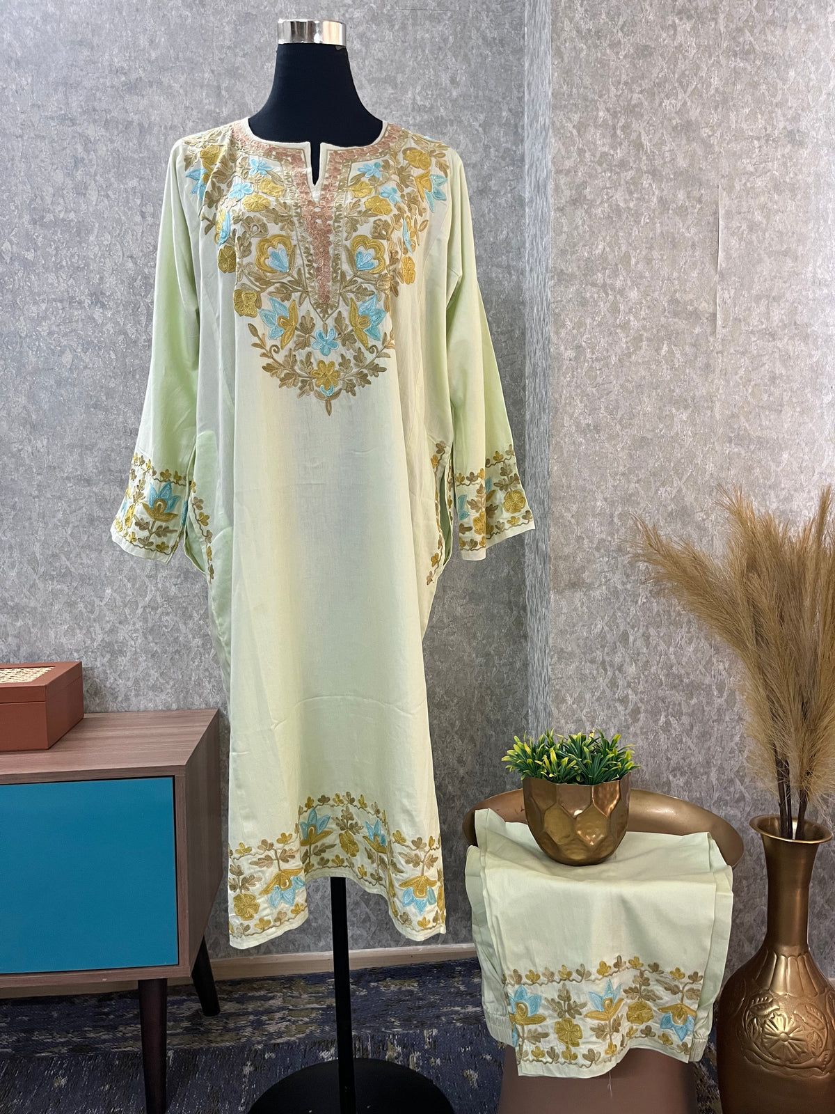 Sage Green Cotton Front Jaal Pheran Set  Size(44)