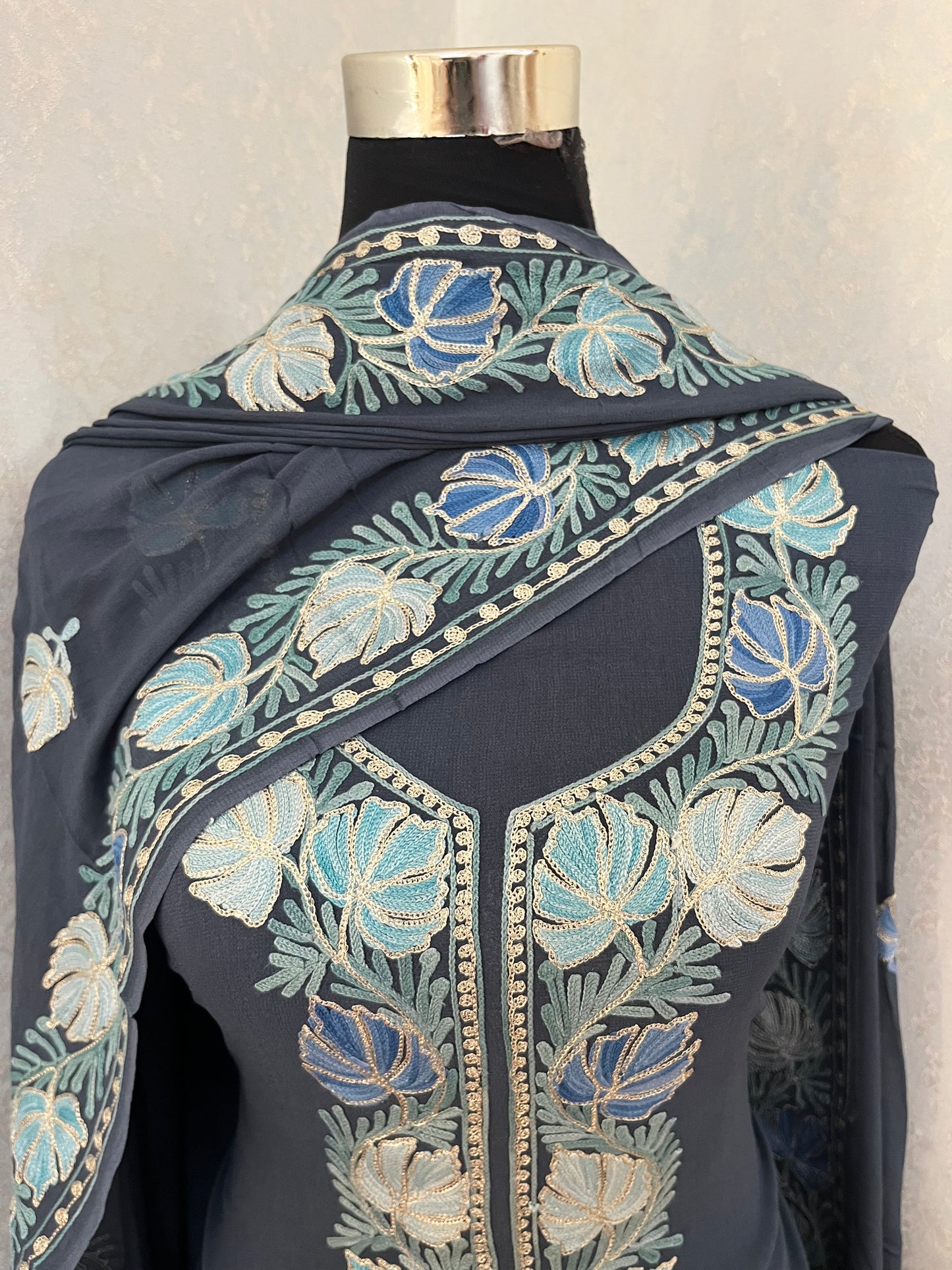 Grey Pure Georgette Kashmiri Suit