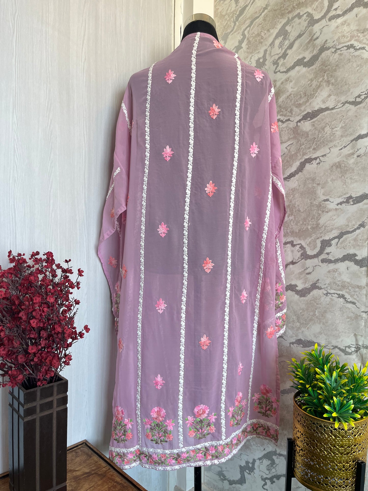 Pastel Pink Georgette All over Work Aari Embroidered Unstitched Kurta Material