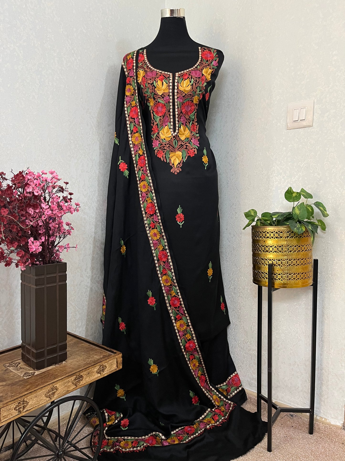 Black Pure Wool Aari Embroidered 3pc Suit Stole