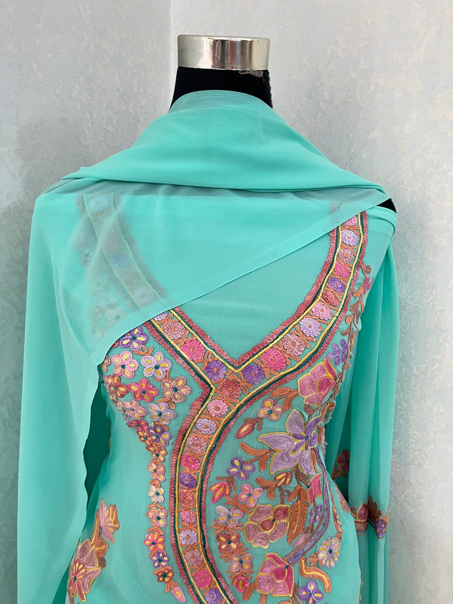 Sky Green Georgette 3 Pc Aari Embroidered Suit