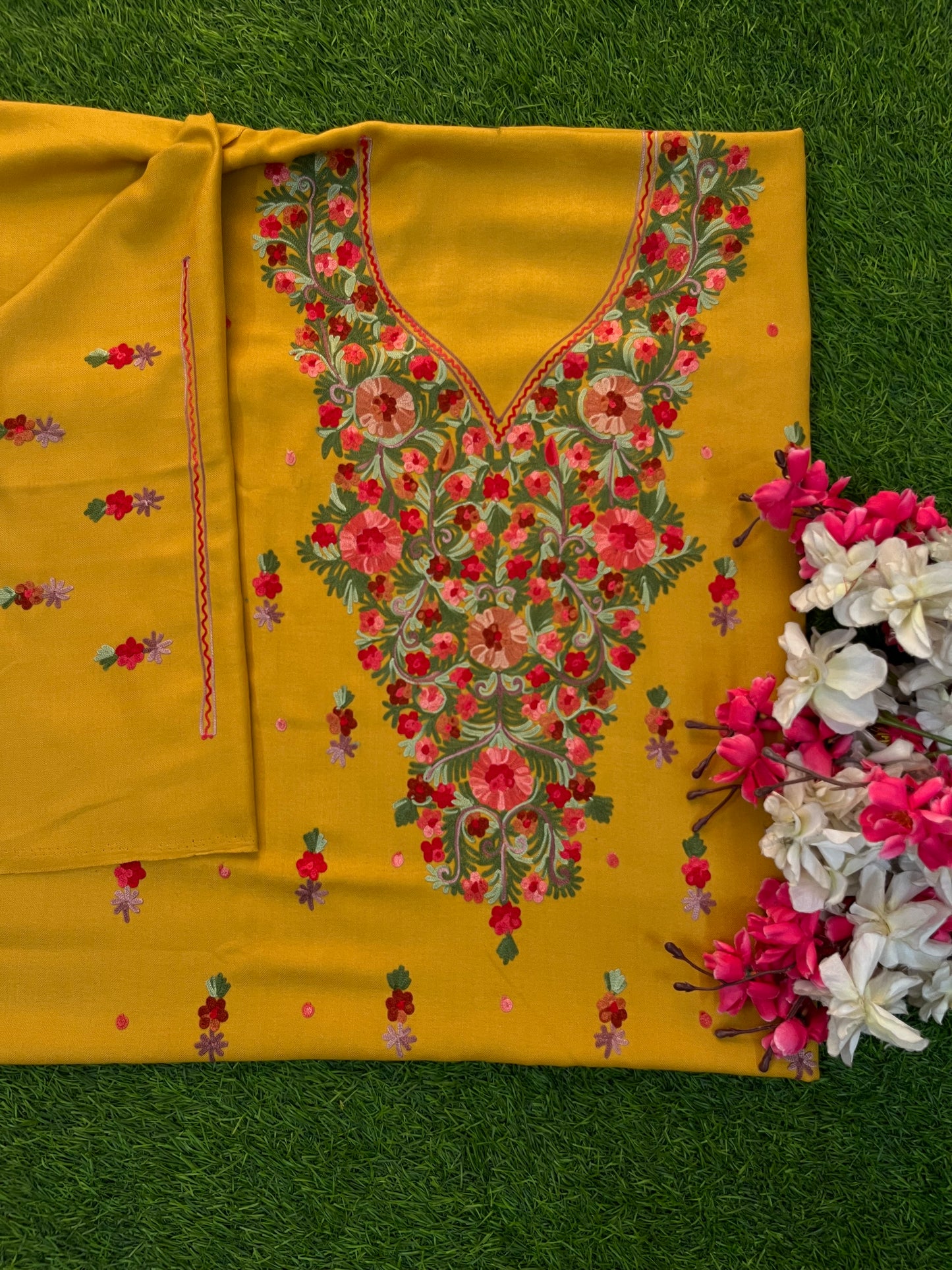 Yellow Woollen Aari Embroidered 3pc suit