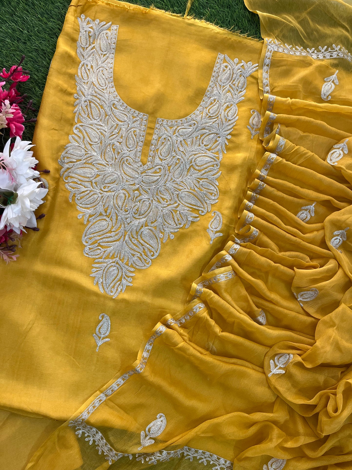 Golden Yellow Silk Tilla Kashmiri Suit