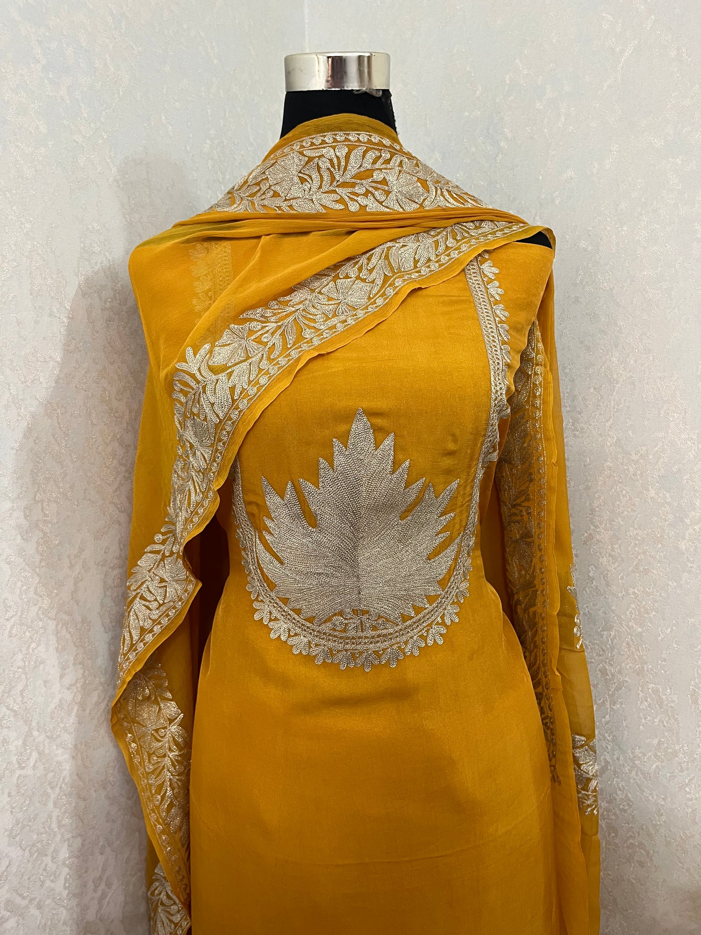 Golden Yellow Sanam’ Tilla Kashmiri Silk Suit
