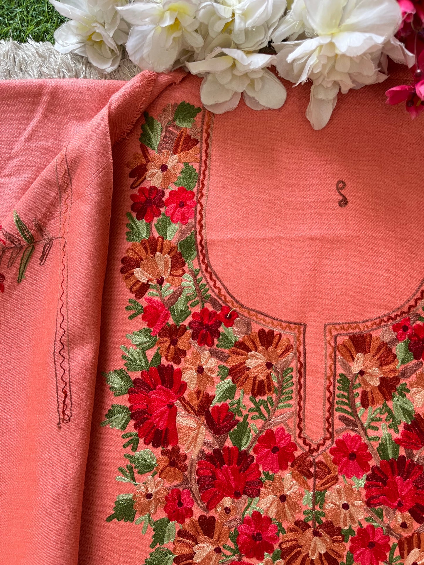 Rose Pink Woollen Aari Embroidered 2pc suit 5mtr