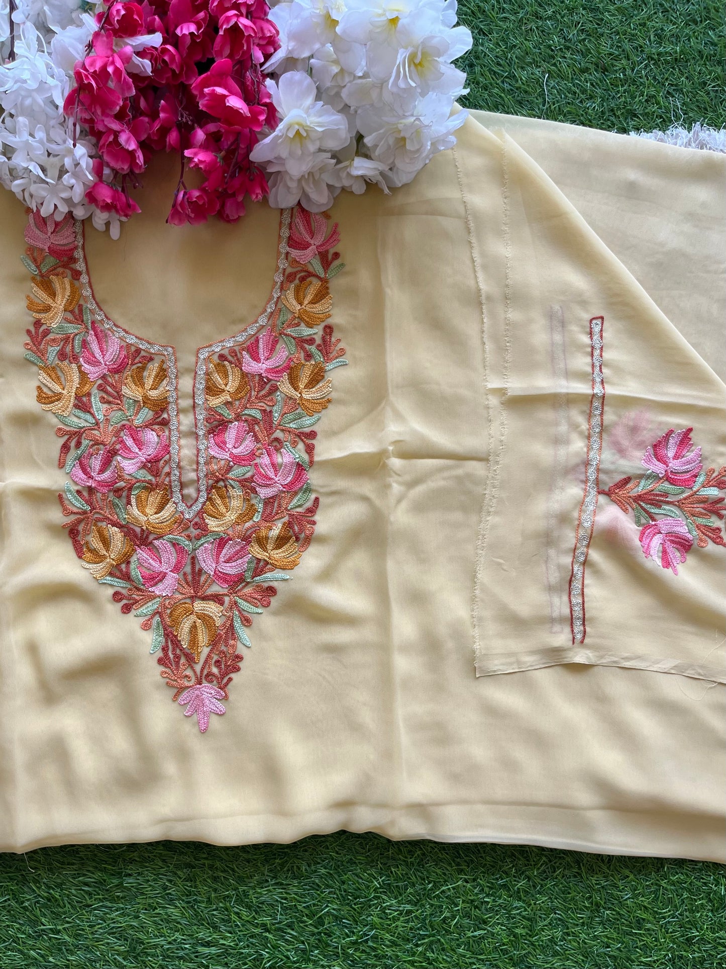 Golden Yellow Georgette Aari Embroidered Unstitched Kurta Material