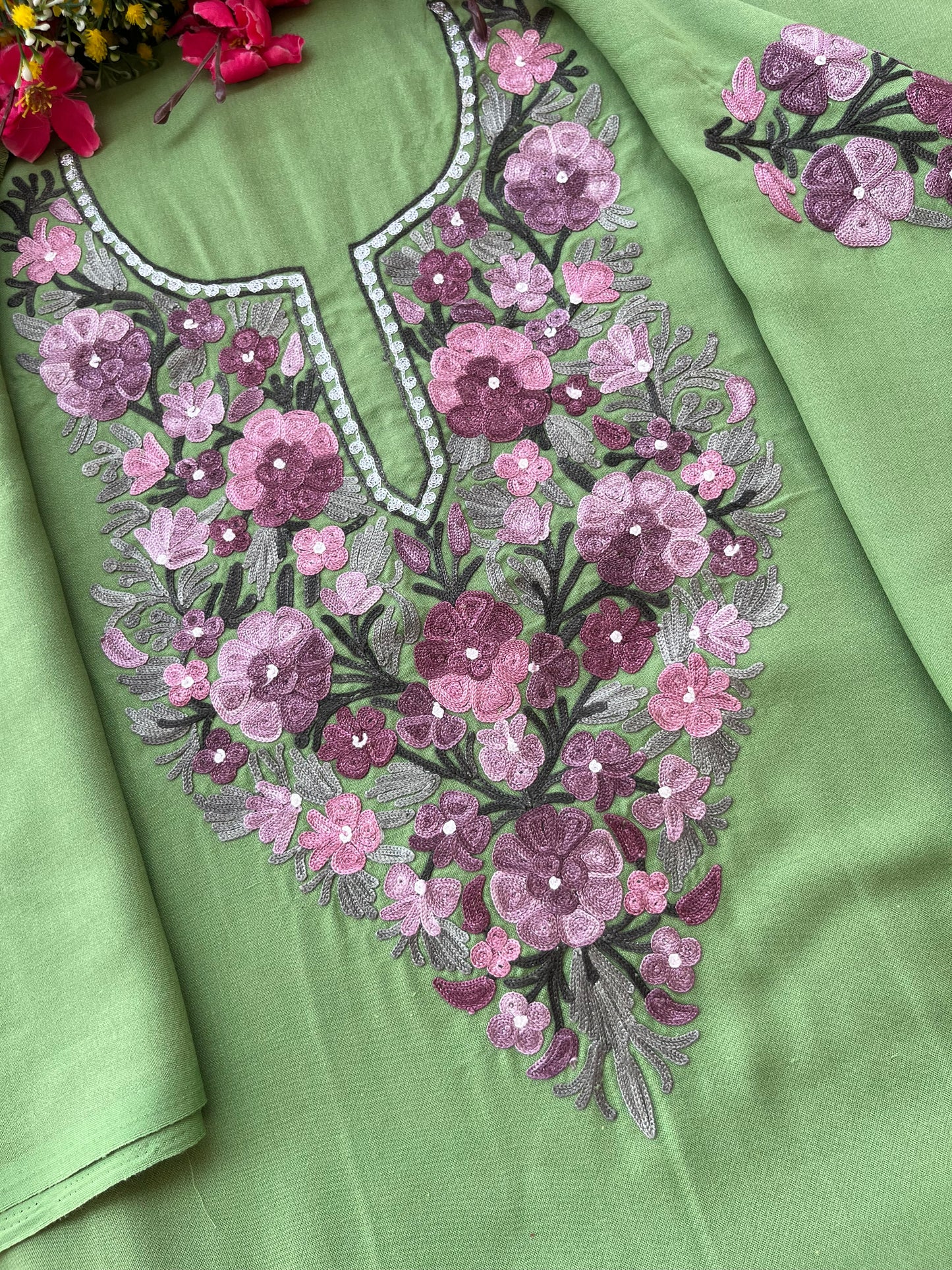 Pastel Green Aari Embroidered Cotton Suit Set
