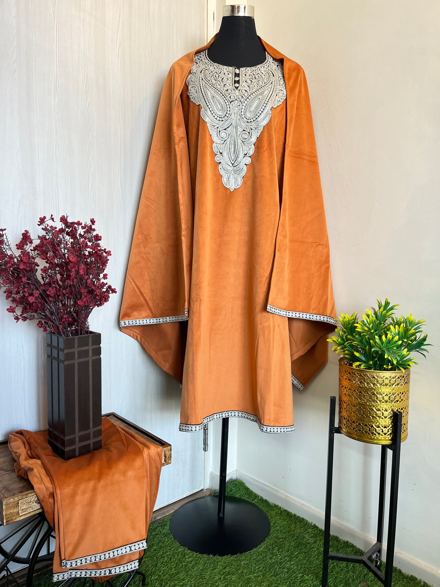 Orange Aari Embroidered 3 pc Velvet Suit Material