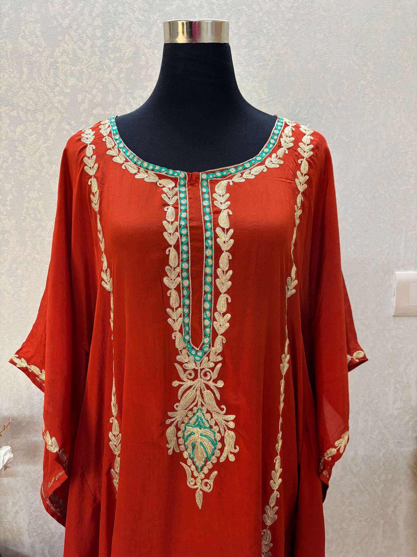 Rust Crape Front Back Kashmiri Kaftan Set