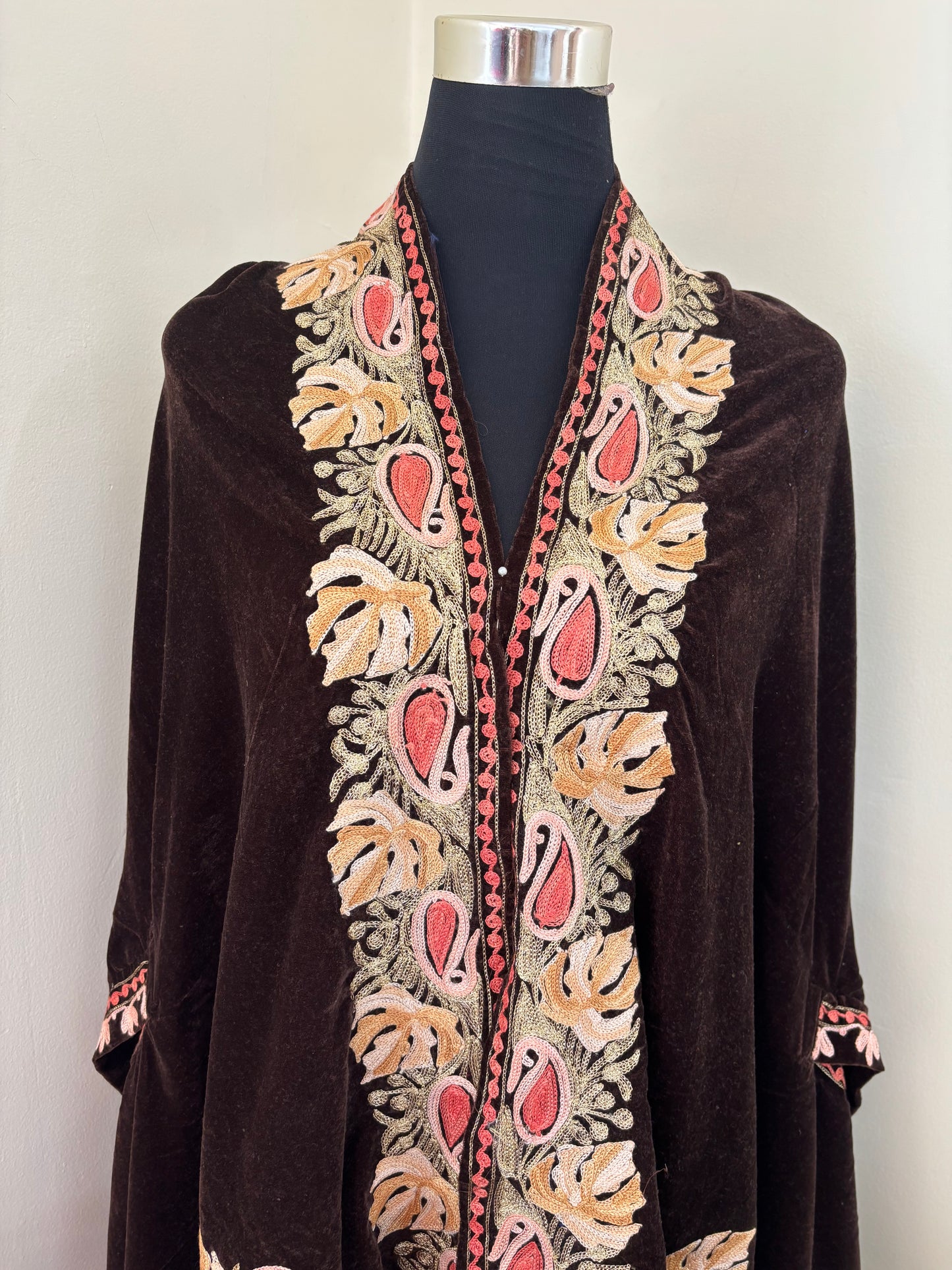 Brown Aari Embroidered Velvet Cape