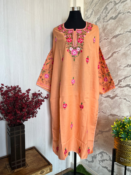 ‘Bageecha’ Peach Cotton Semi Stitched Cream Aari Work Kurti