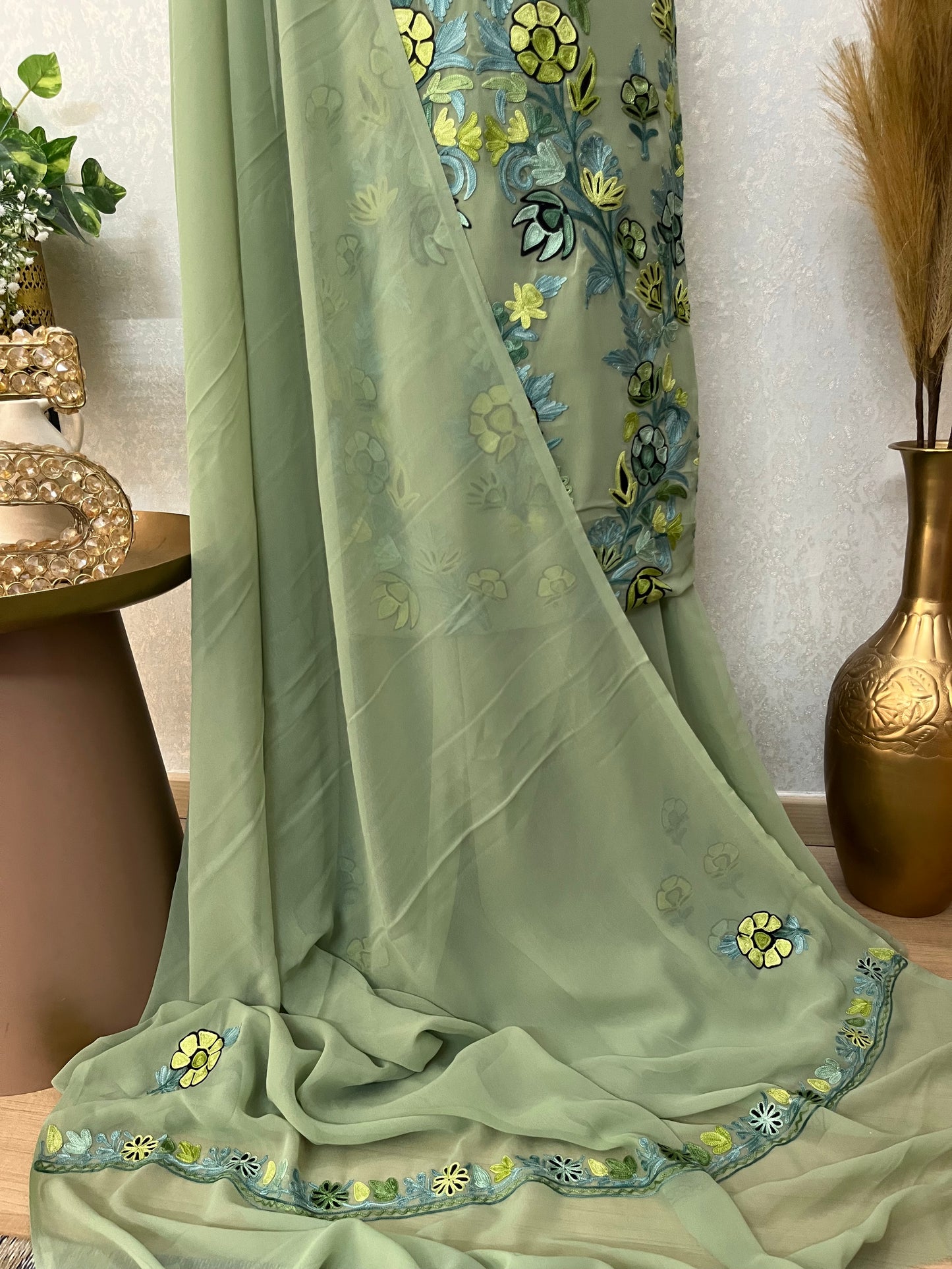 Mint Green Georgette 3 Pc Kashmiri Suit