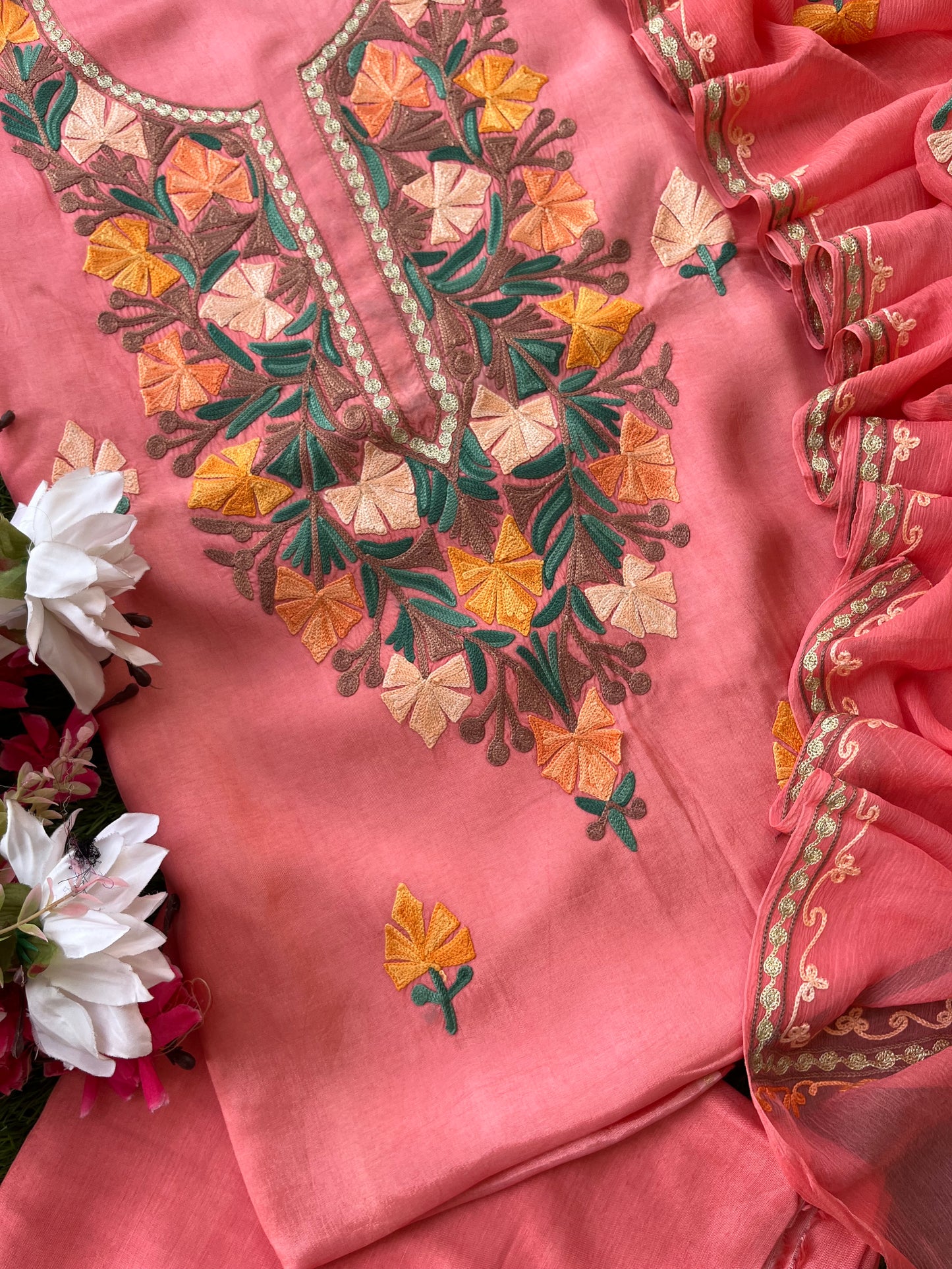Peach Opada Silk Kashmiri Suit