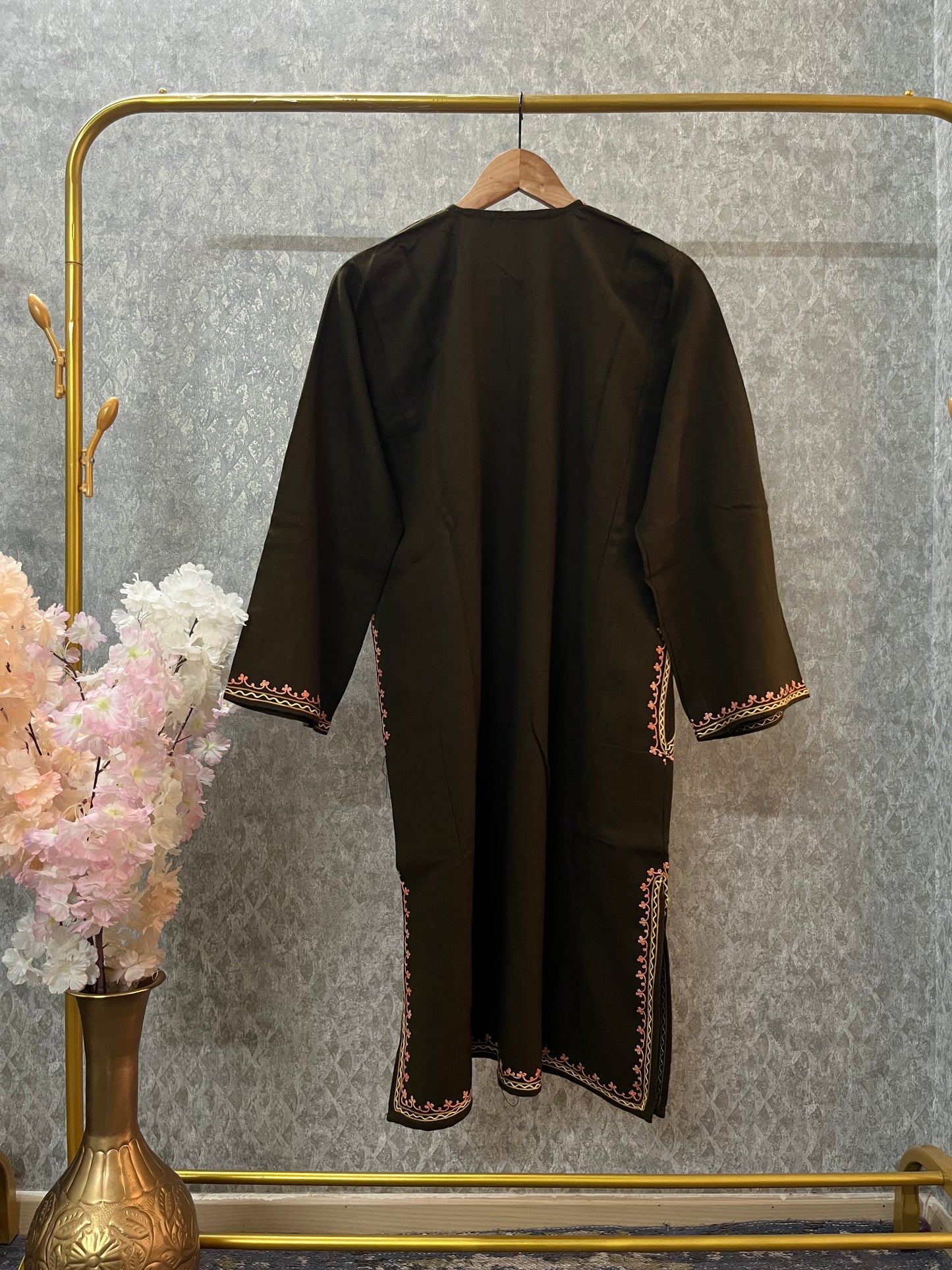 Army Green Aari Embroidered Wool Pheran