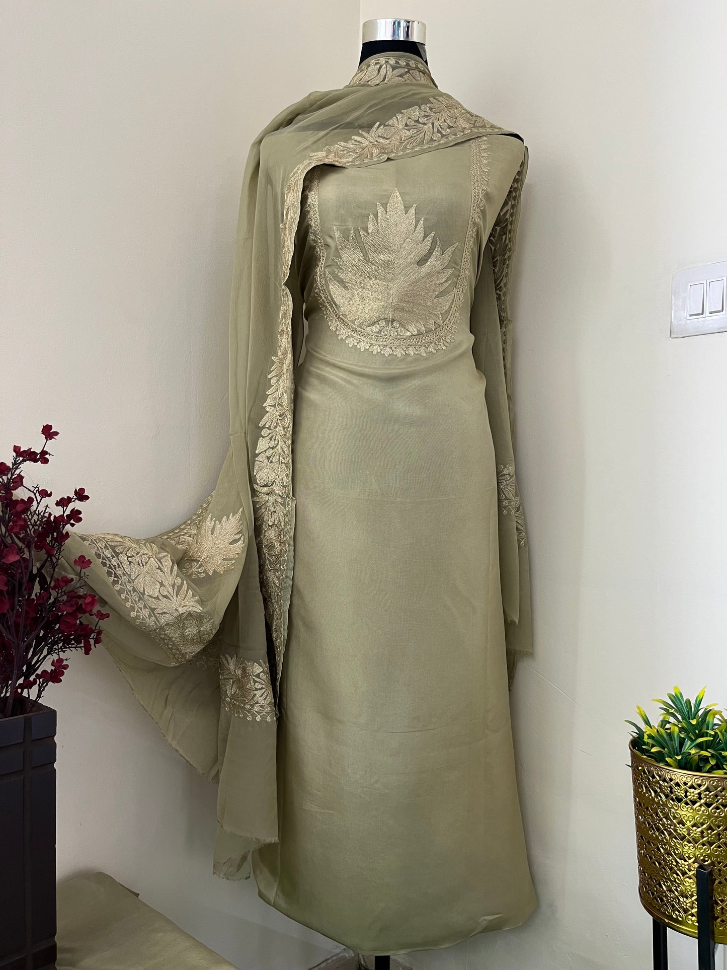 Sanam’  Pastel Green Tilla Embroidered Suit material (On Order)