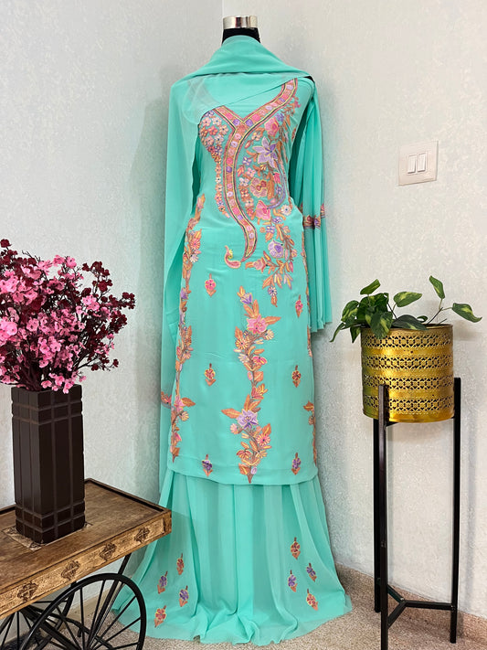 Sky Green Georgette 3 Pc Aari Embroidered Suit