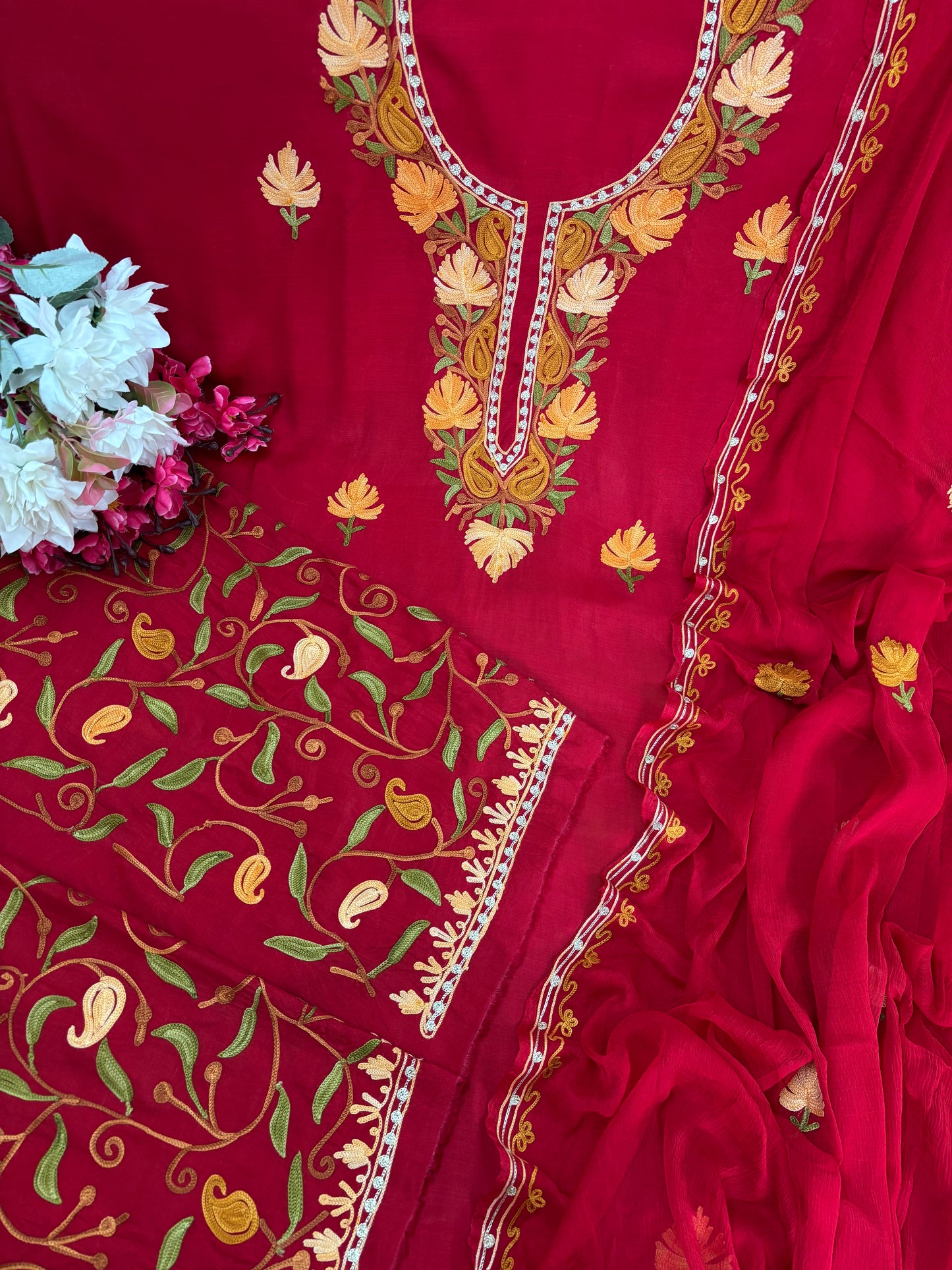 Red Muslin Cotton Jaal Sleeves Kashmiri 3pc Suit