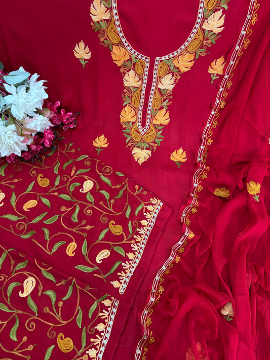 Red Muslin Cotton Jaal Sleeves Kashmiri 3pc Suit