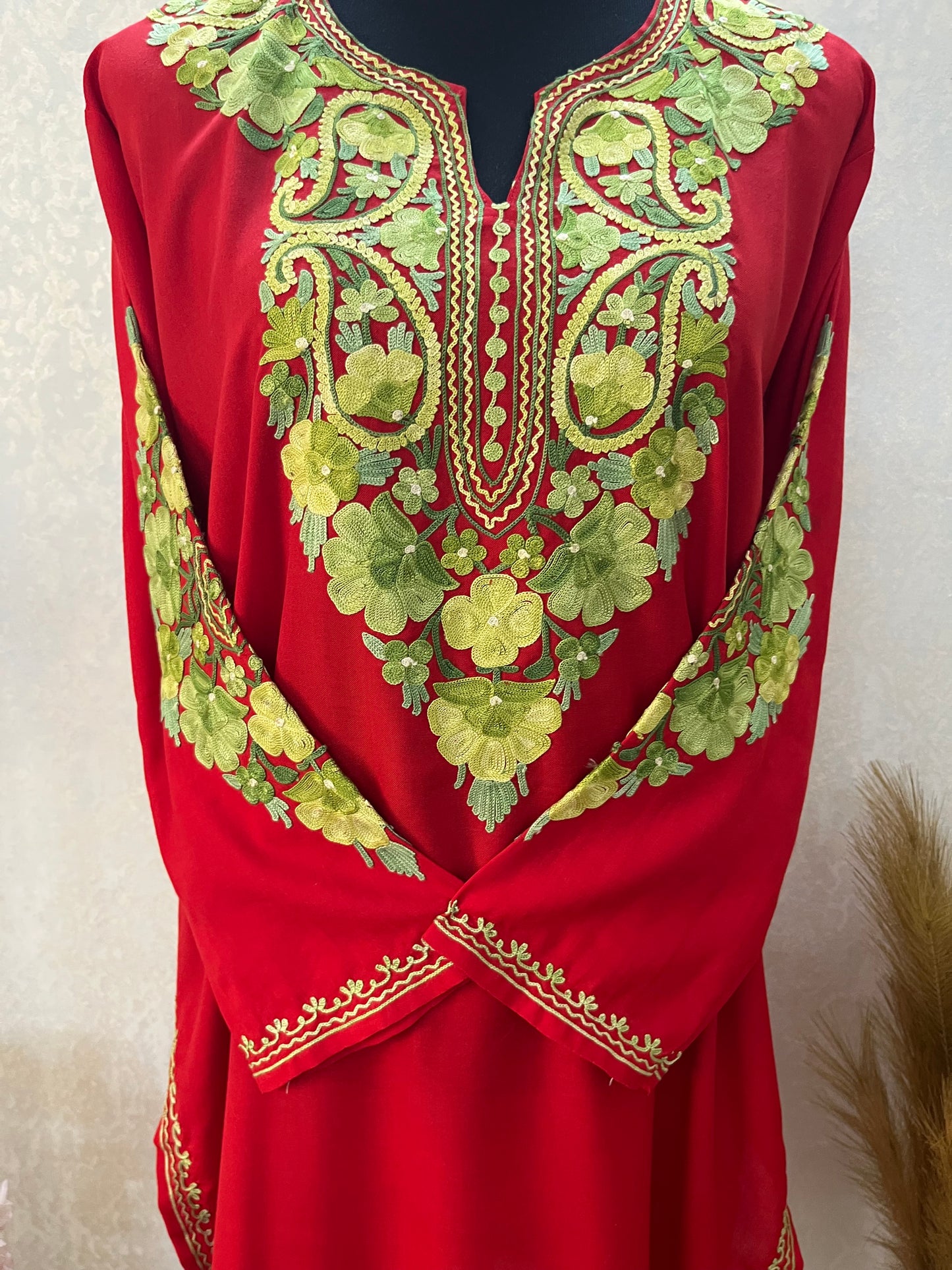 Red Cotton Aari Work Kurta